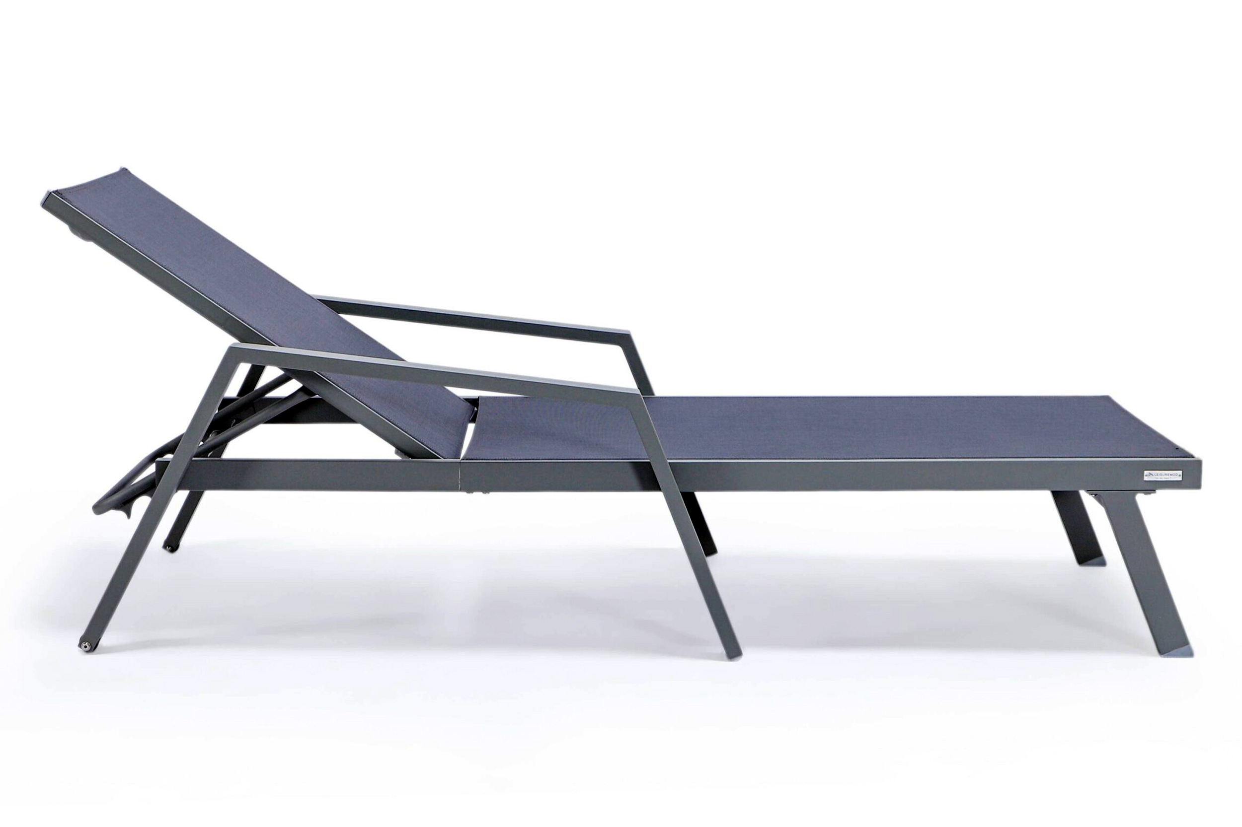 LeisureMod Marlin Patio Chaise Lounge Chair With Armrests In Gray Aluminum Frame - Dark Gray