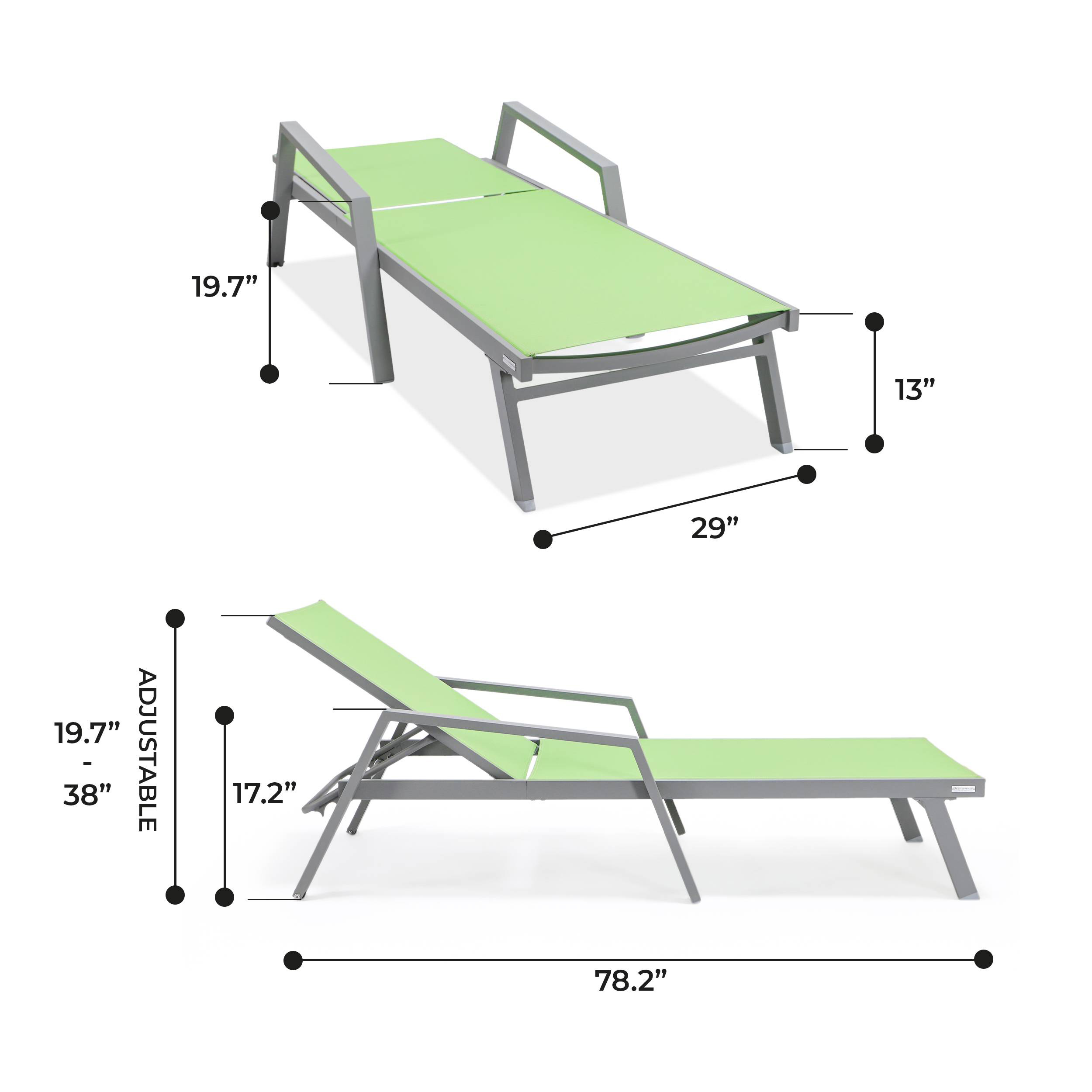 LeisureMod Marlin Patio Chaise Lounge Chair With Armrests In Gray Aluminum Frame - Green