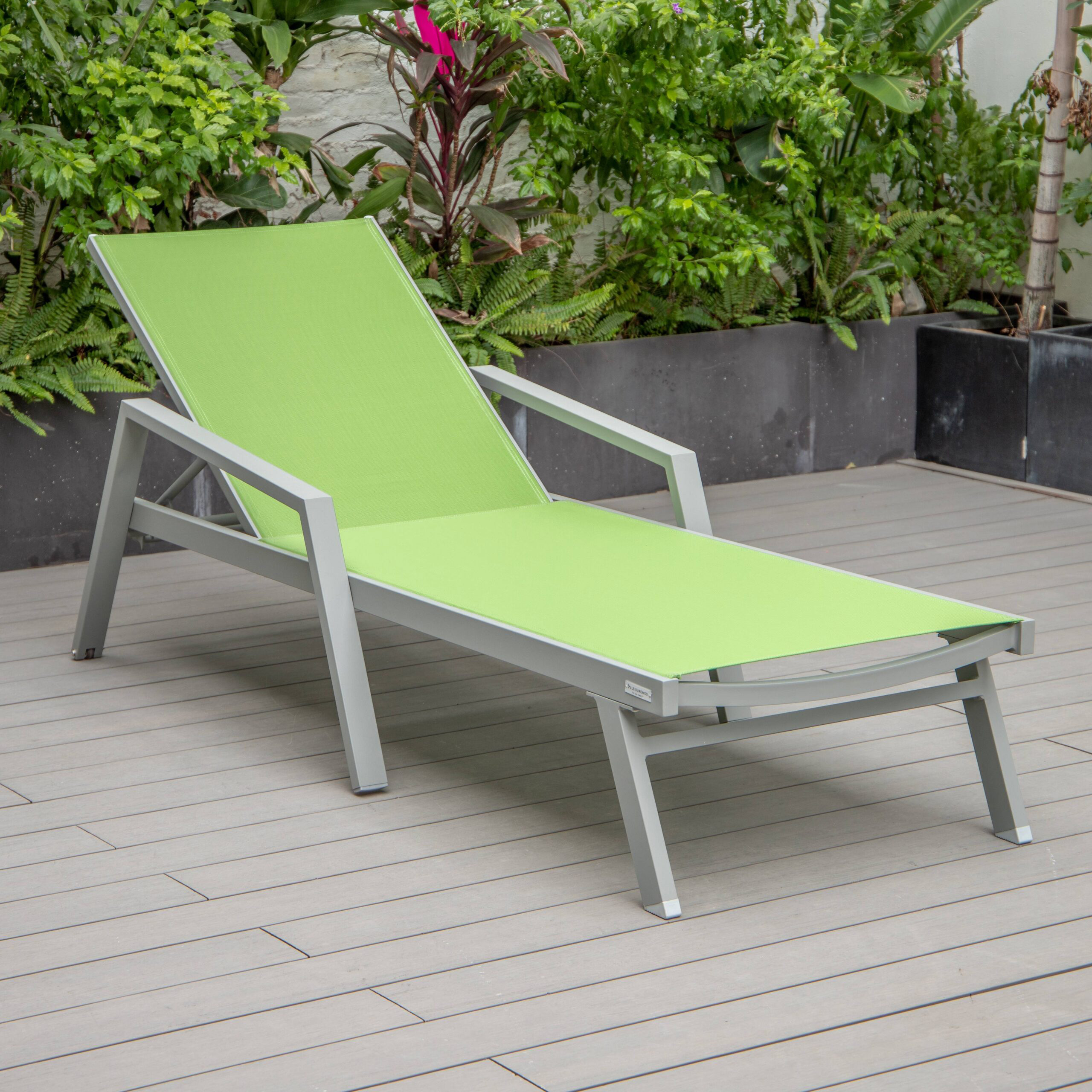 LeisureMod Marlin Patio Chaise Lounge Chair With Armrests In Gray Aluminum Frame - Green