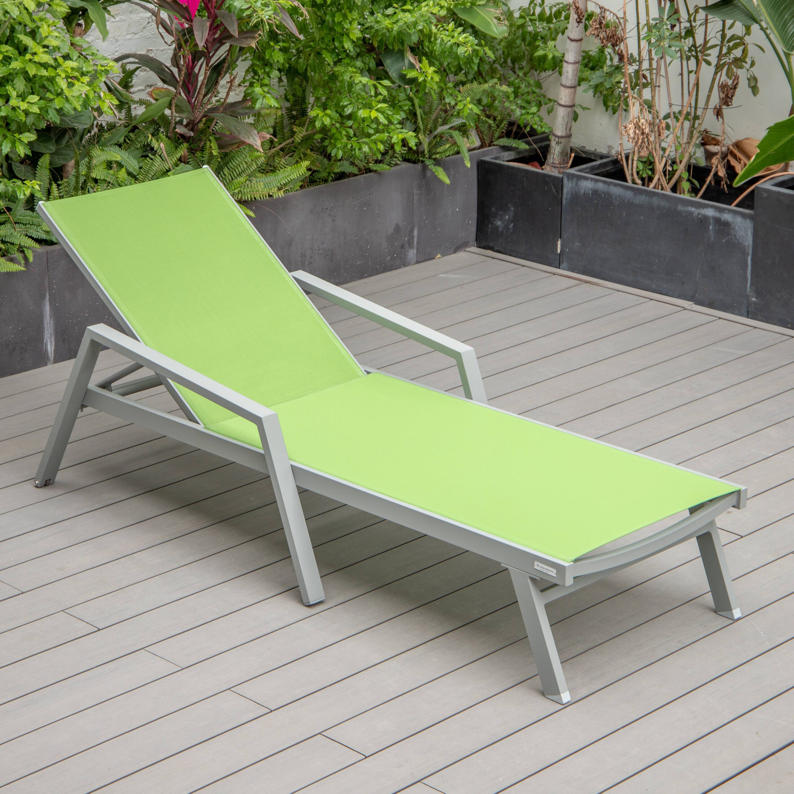 LeisureMod Marlin Patio Chaise Lounge Chair With Armrests In Gray Aluminum Frame - Green