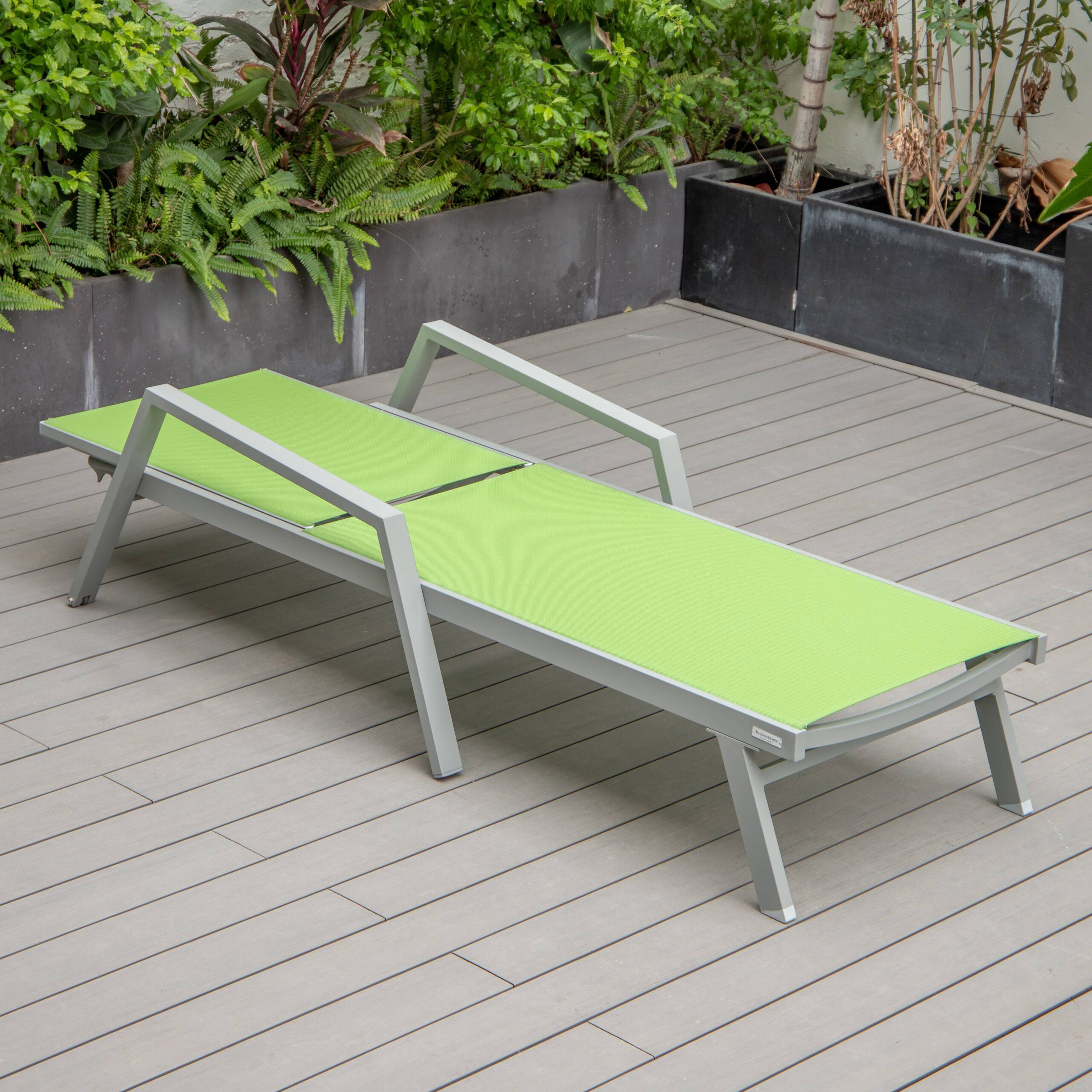 LeisureMod Marlin Patio Chaise Lounge Chair With Armrests In Gray Aluminum Frame - Green