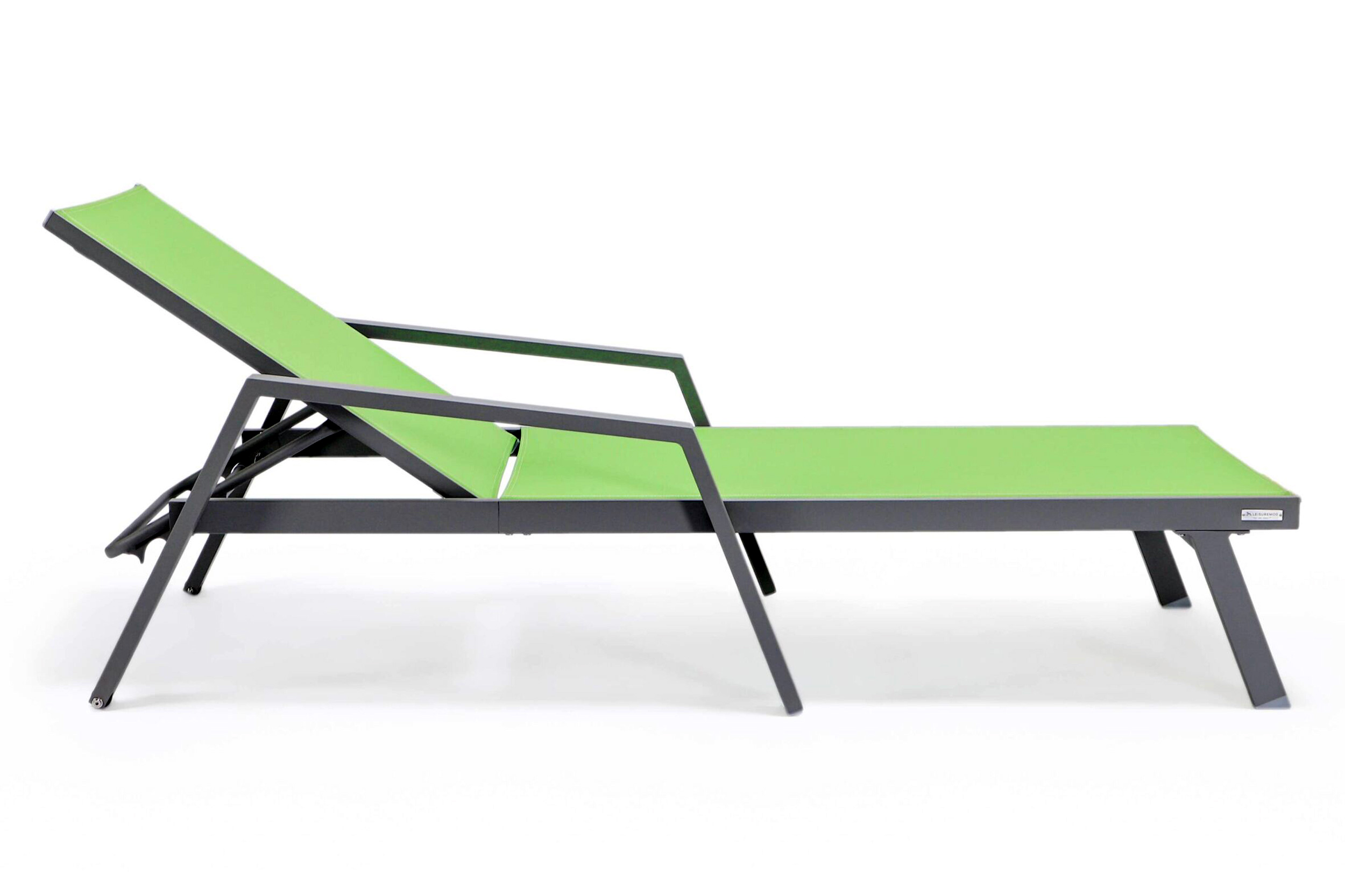 LeisureMod Marlin Patio Chaise Lounge Chair With Armrests In Gray Aluminum Frame - Green