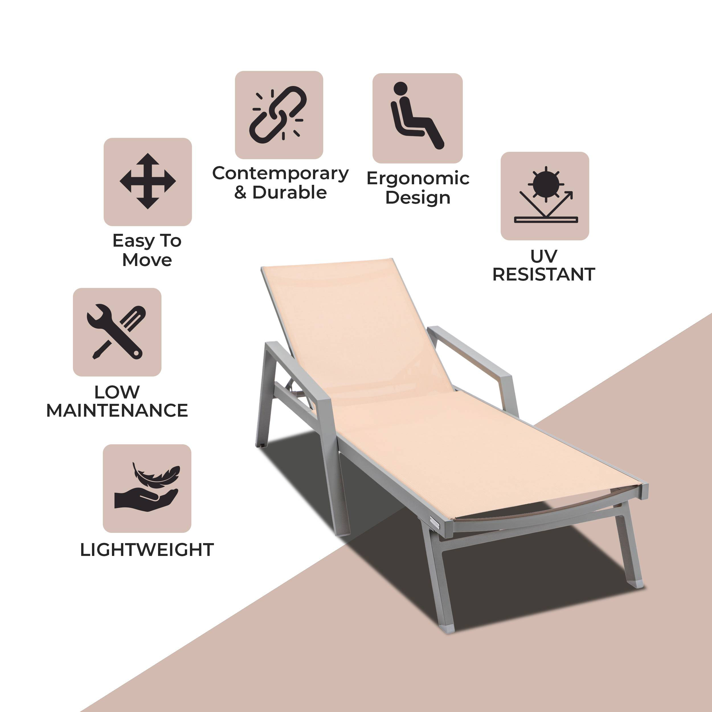 LeisureMod Marlin Patio Chaise Lounge Chair With Armrests In Gray Aluminum Frame - Light Brown