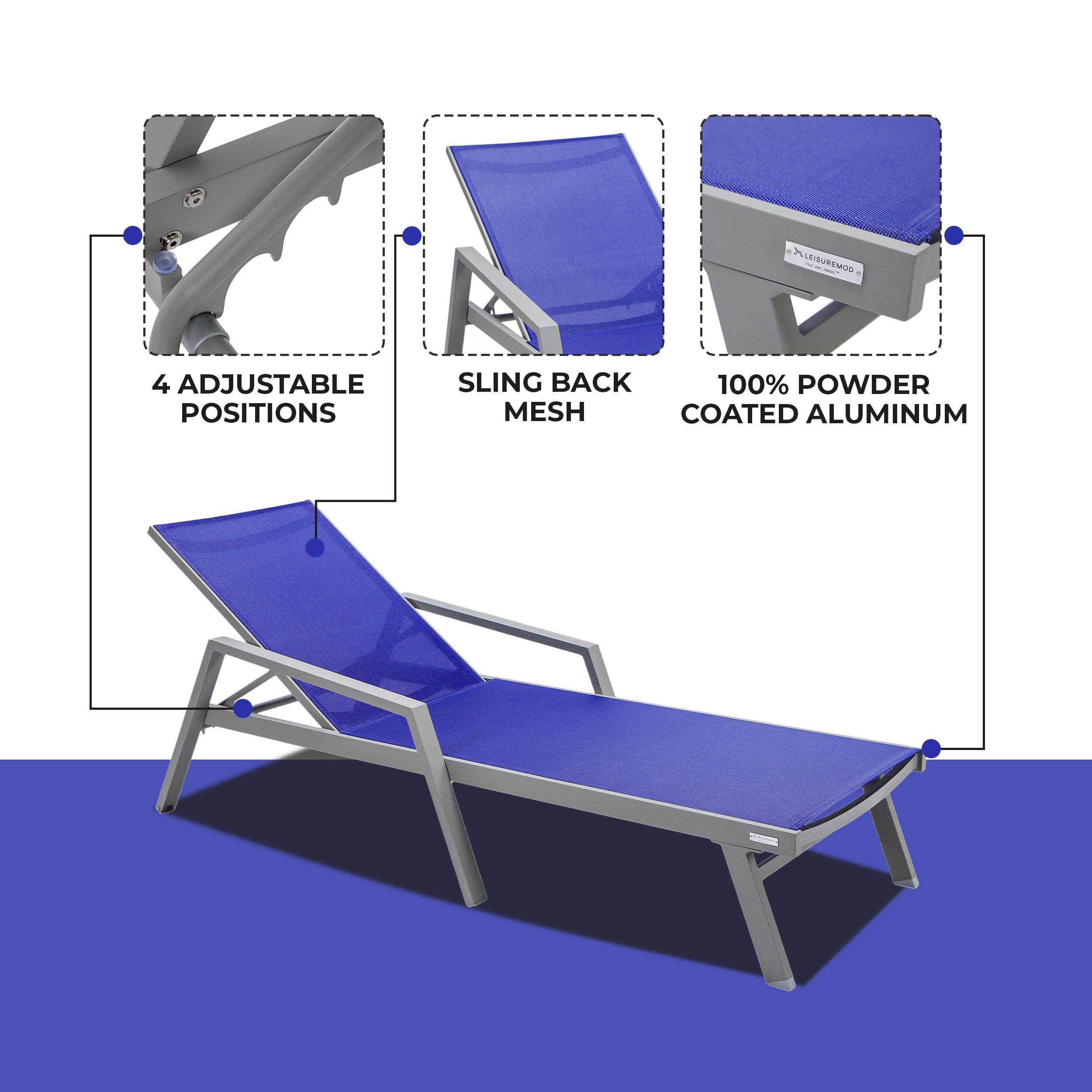 LeisureMod Marlin Patio Chaise Lounge Chair With Armrests In Gray Aluminum Frame - Navy Blue