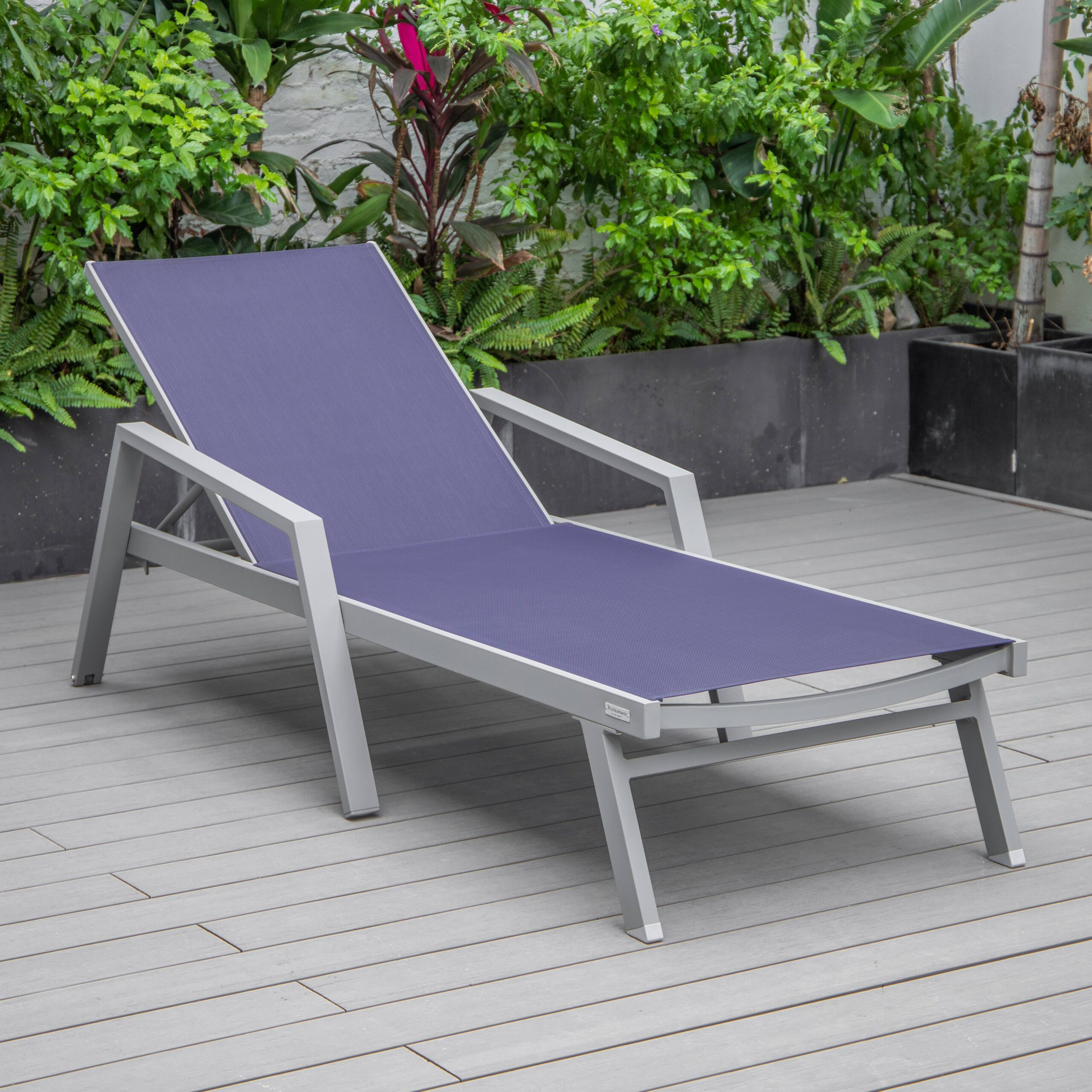 LeisureMod Marlin Patio Chaise Lounge Chair With Armrests In Gray Aluminum Frame - Navy Blue