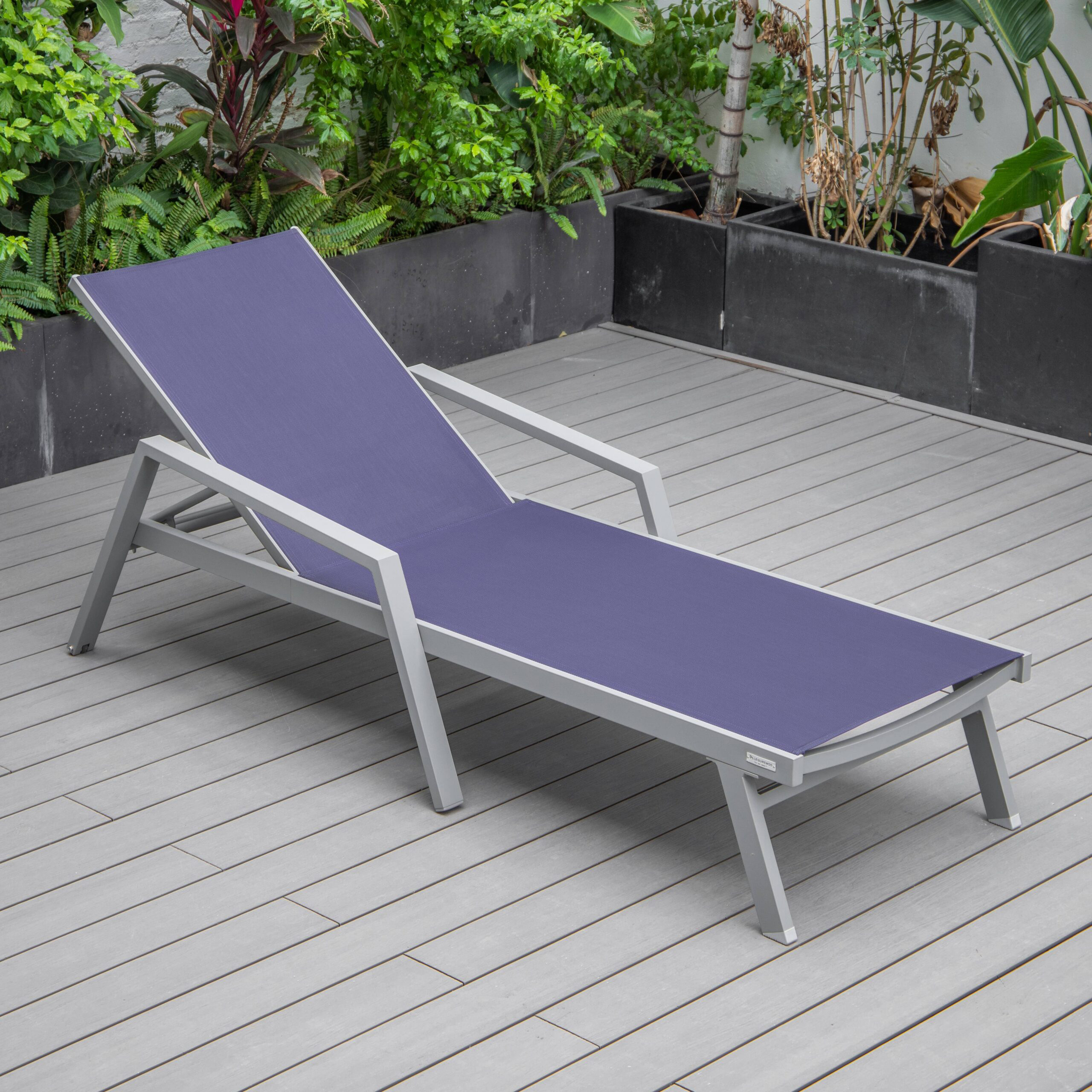 LeisureMod Marlin Patio Chaise Lounge Chair With Armrests In Gray Aluminum Frame - Navy Blue