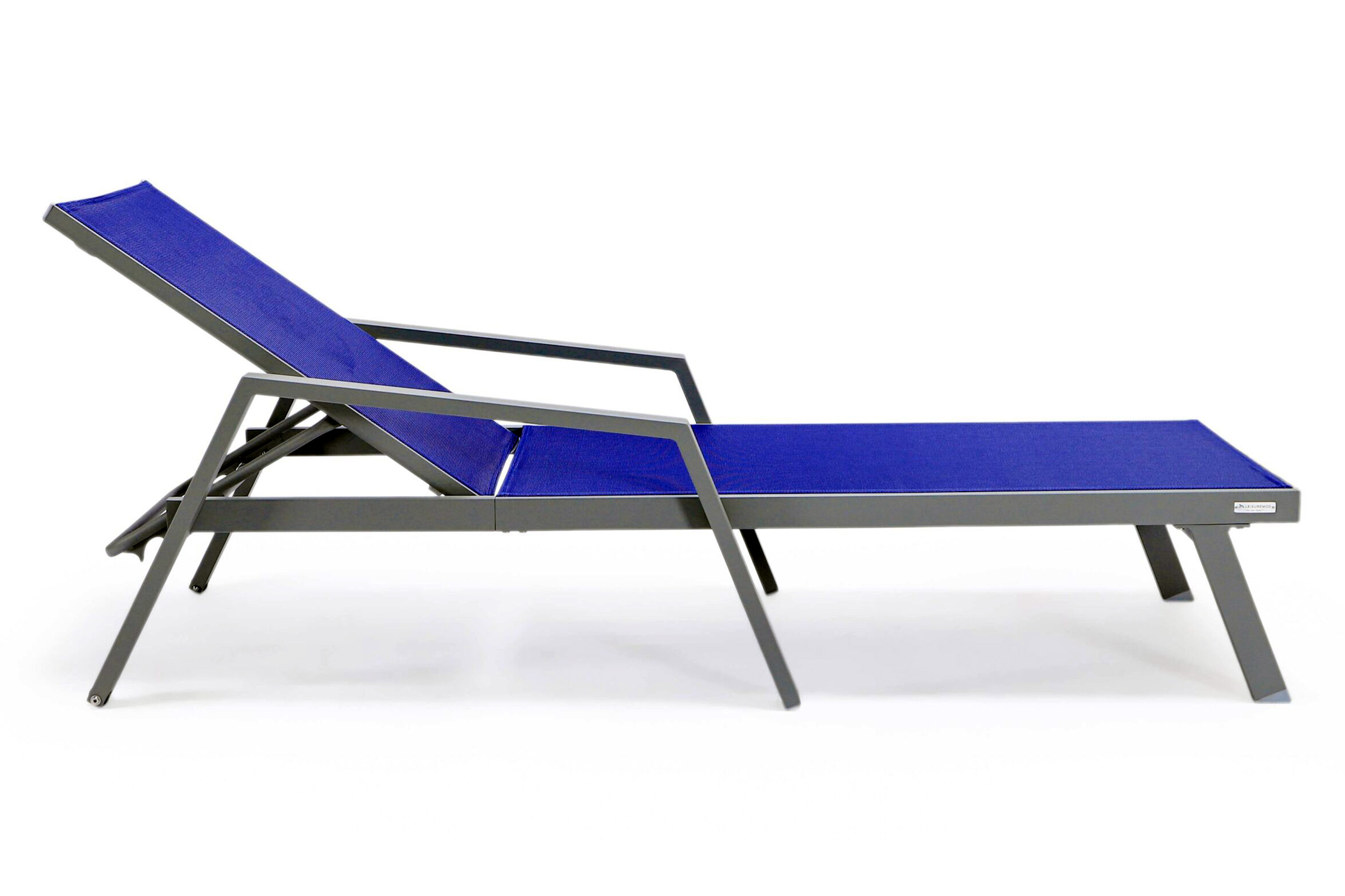 LeisureMod Marlin Patio Chaise Lounge Chair With Armrests In Gray Aluminum Frame - Navy Blue