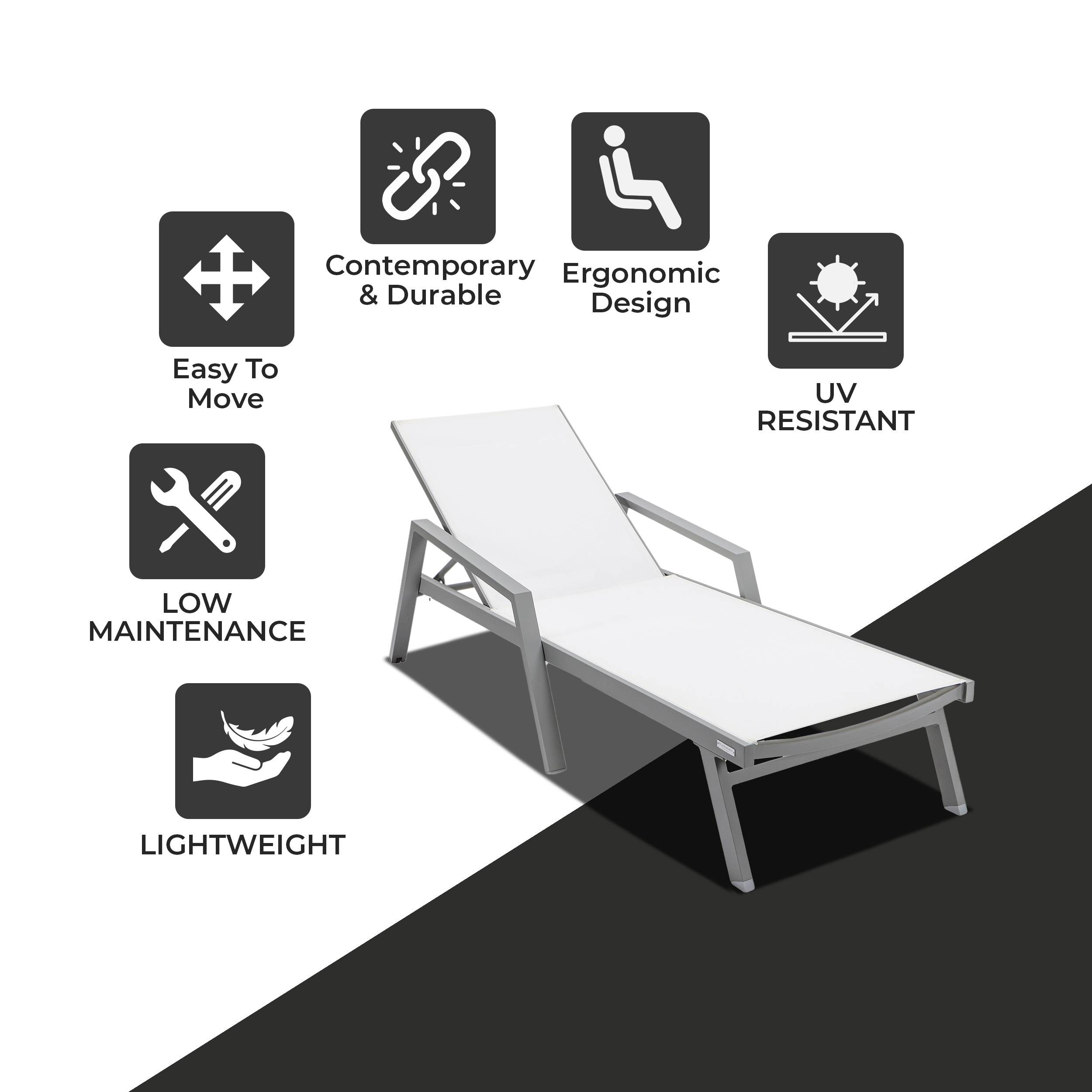 LeisureMod Marlin Patio Chaise Lounge Chair With Armrests In Gray Aluminum Frame - White