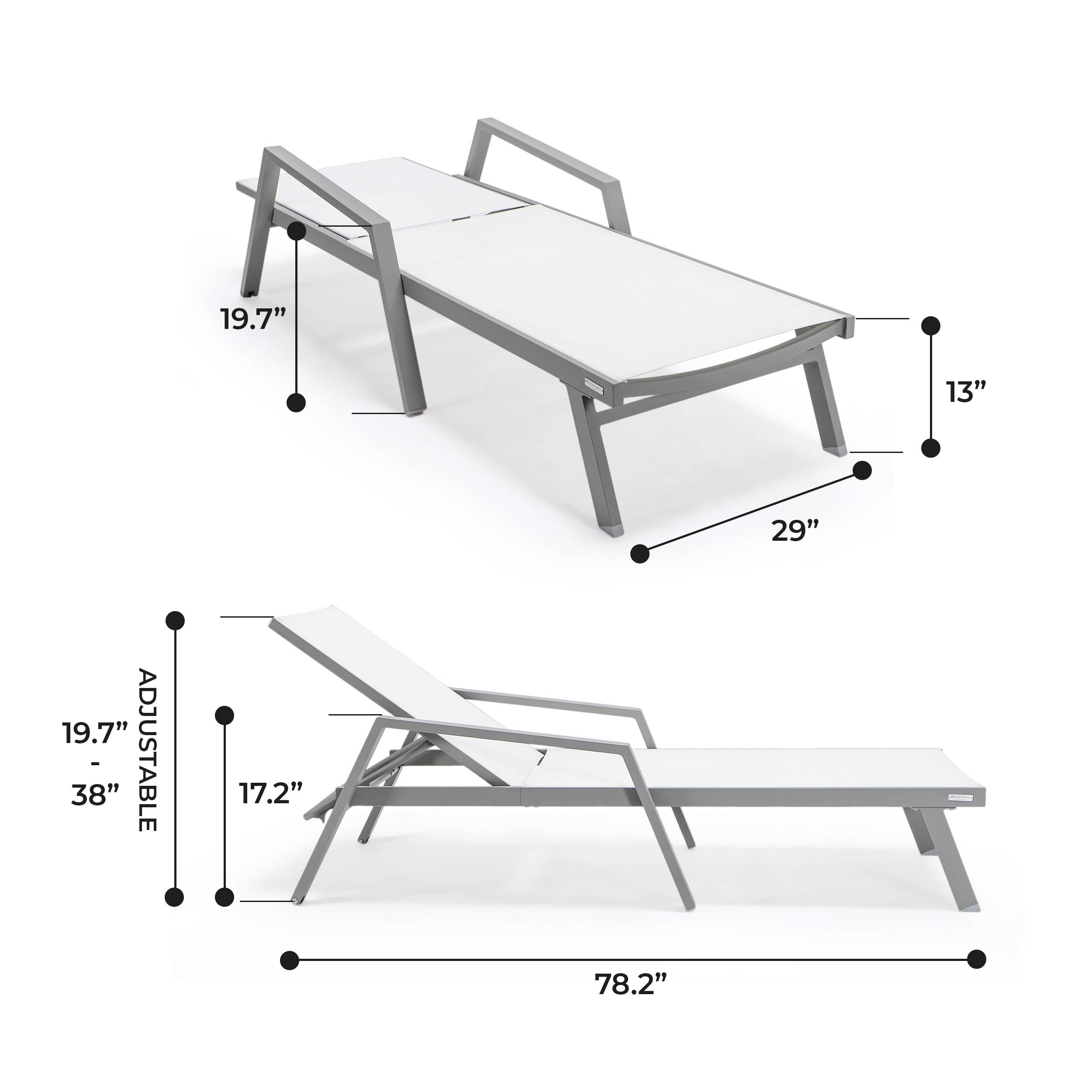 LeisureMod Marlin Patio Chaise Lounge Chair With Armrests In Gray Aluminum Frame - White