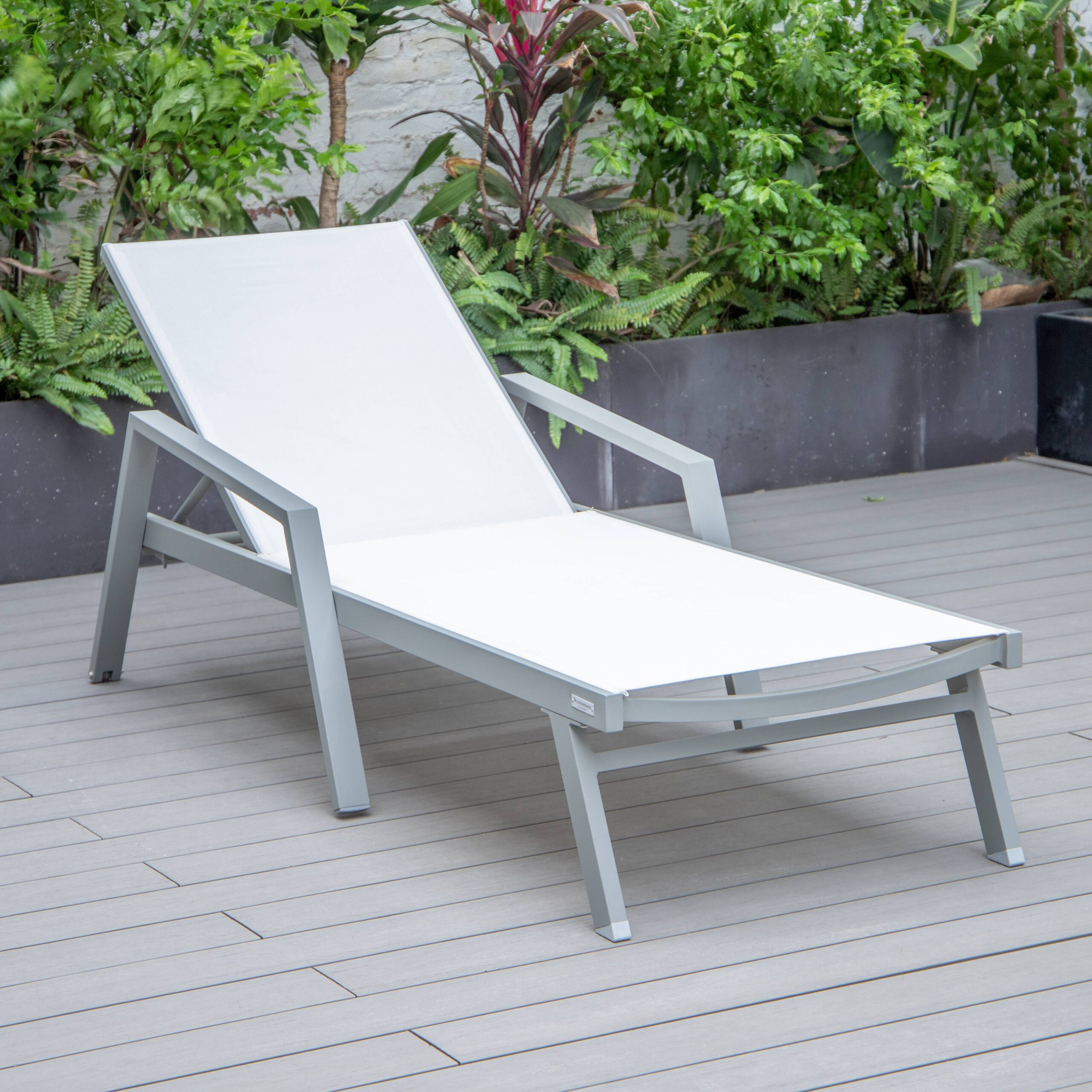 LeisureMod Marlin Patio Chaise Lounge Chair With Armrests In Gray Aluminum Frame - White