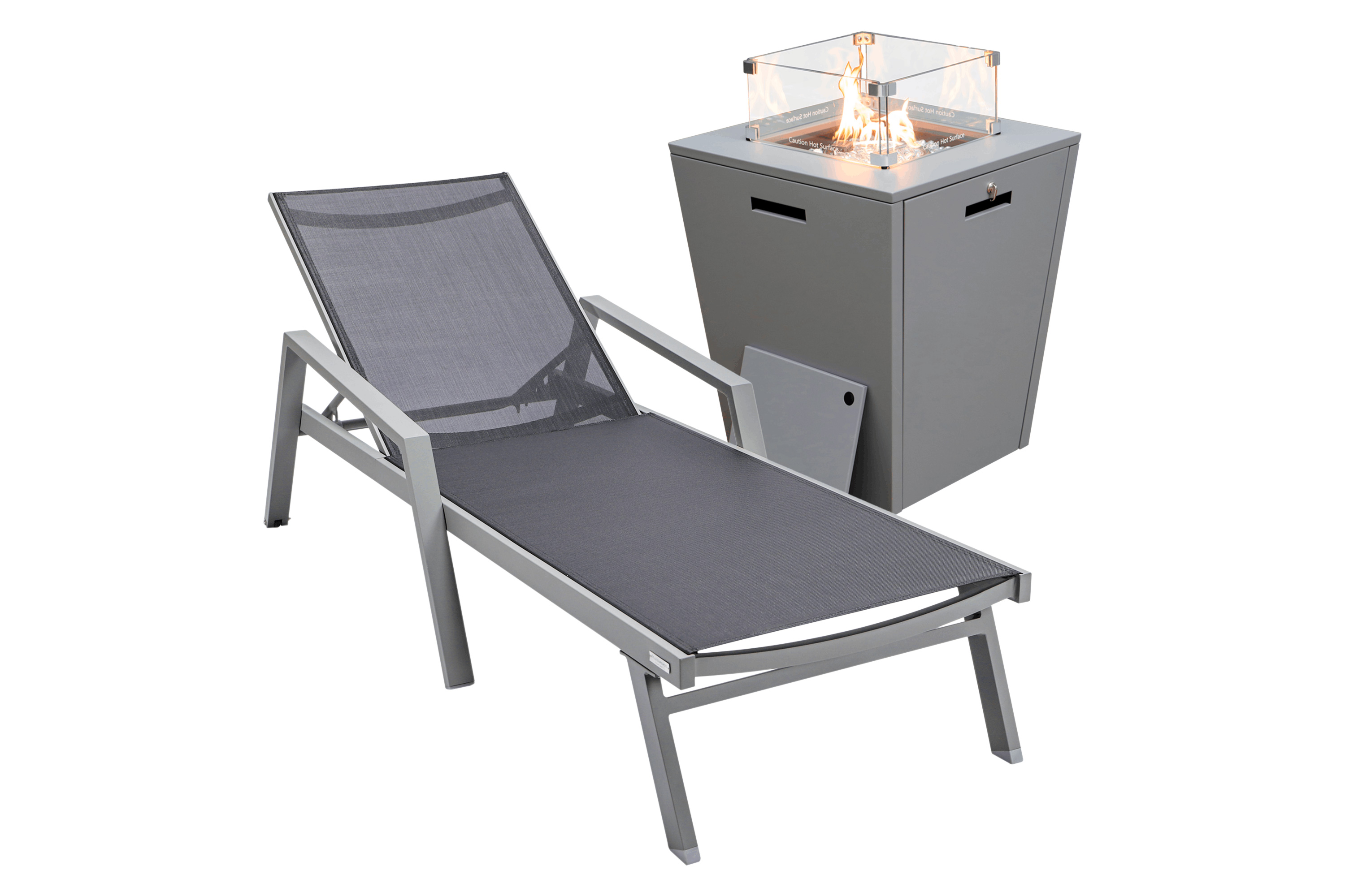 LeisureMod Marlin Modern Black Aluminum Outdoor Chaise Lounge Chair With Arms and Square Fire Pit Side Table for Patio