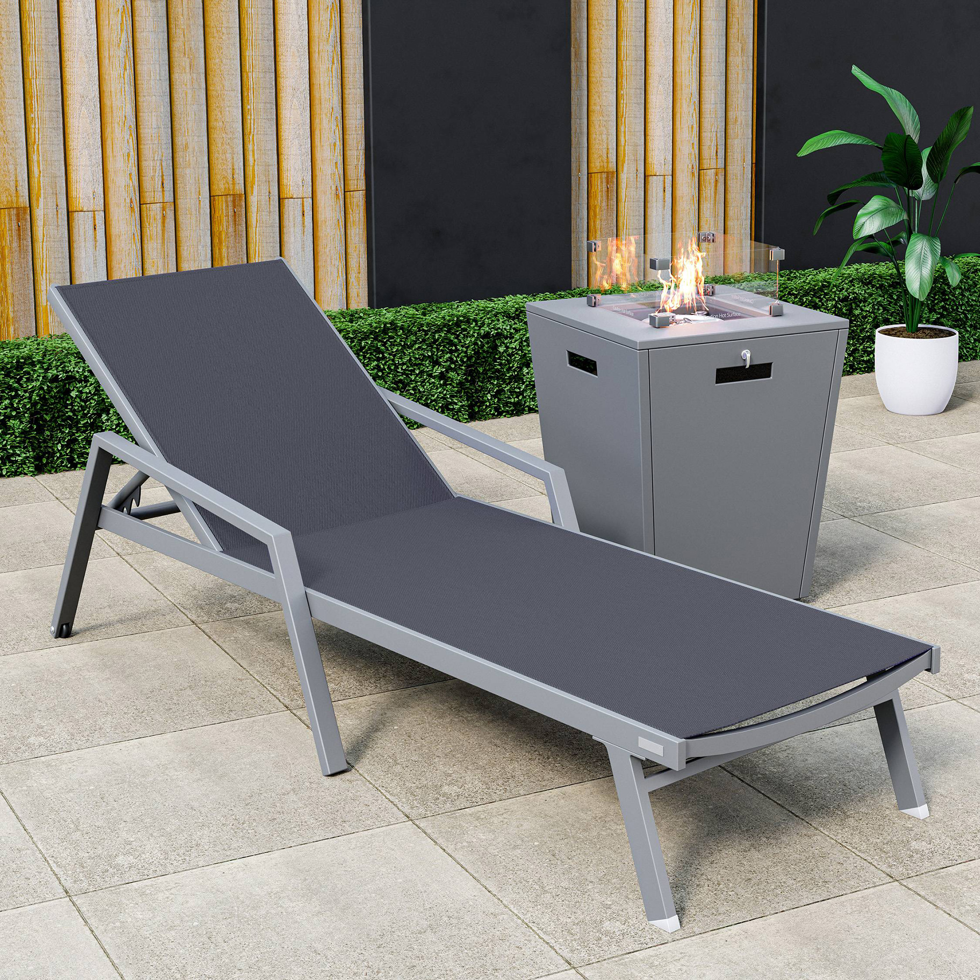 LeisureMod Marlin Modern Gray Aluminum Outdoor Chaise Lounge Chair With Arms and Square Fire Pit Side Table for Patio - Black