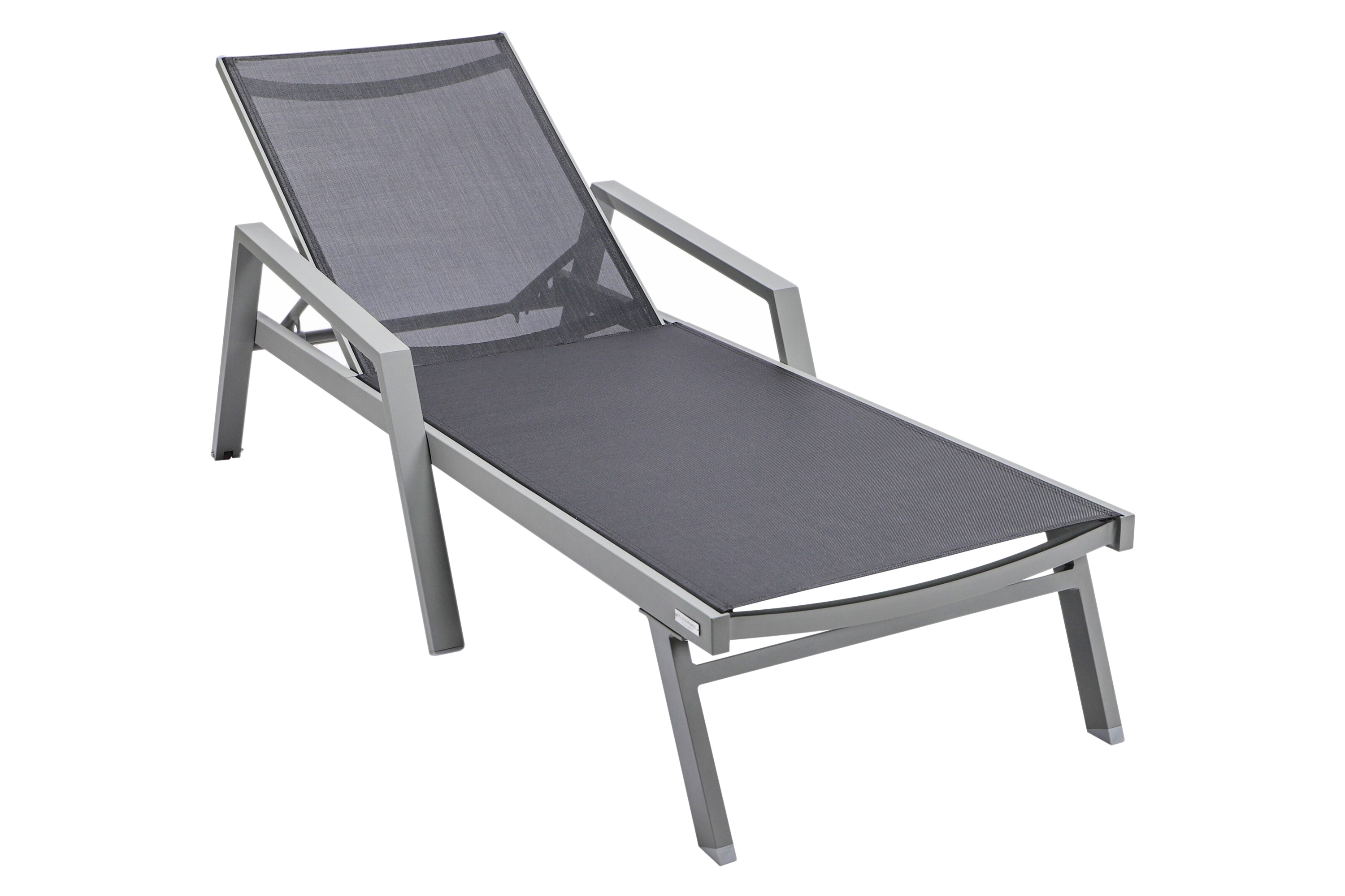 LeisureMod Marlin Modern Gray Aluminum Outdoor Chaise Lounge Chair With Arms and Square Fire Pit Side Table for Patio - Black