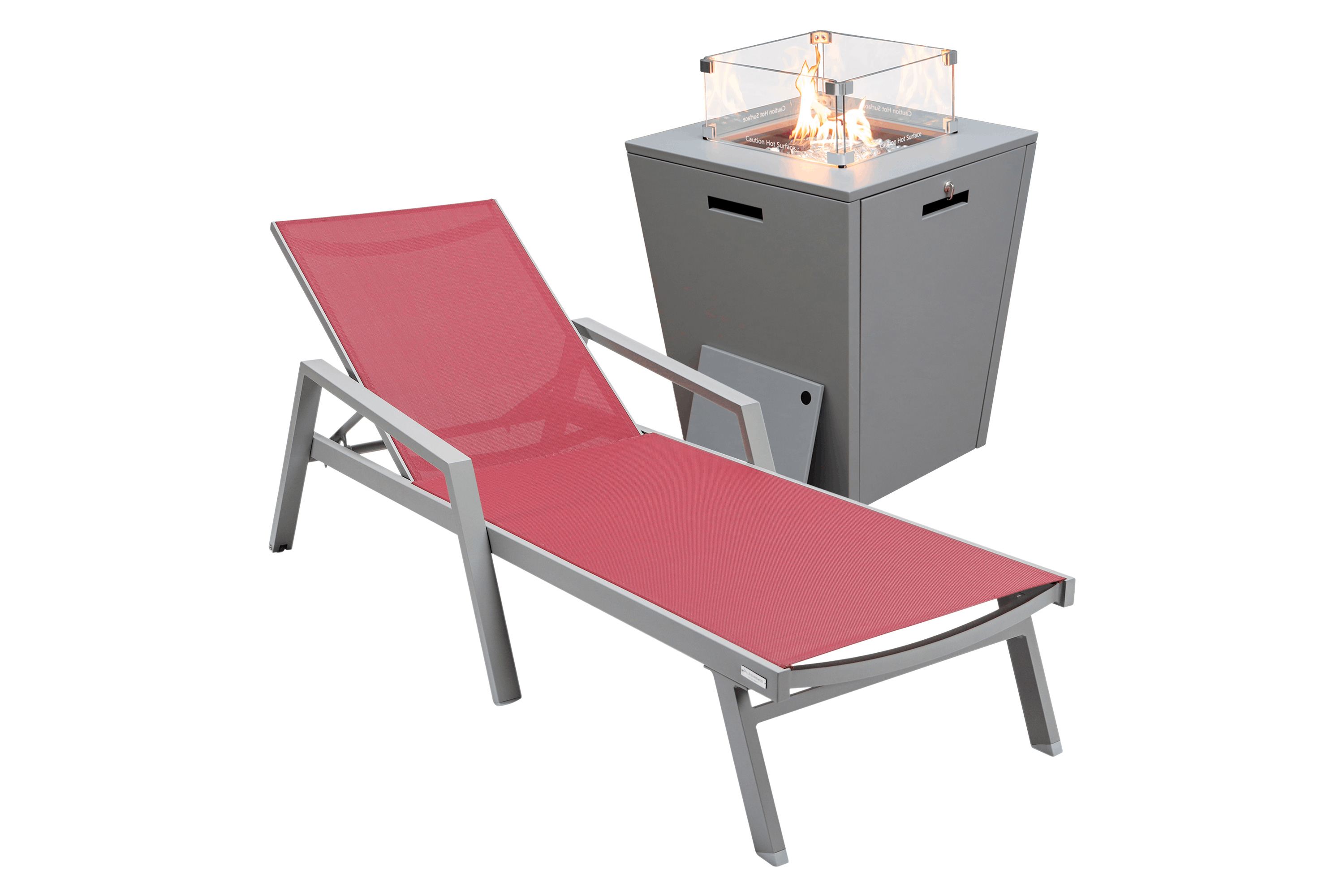 LeisureMod Marlin Modern Black Aluminum Outdoor Chaise Lounge Chair With Arms and Square Fire Pit Side Table for Patio