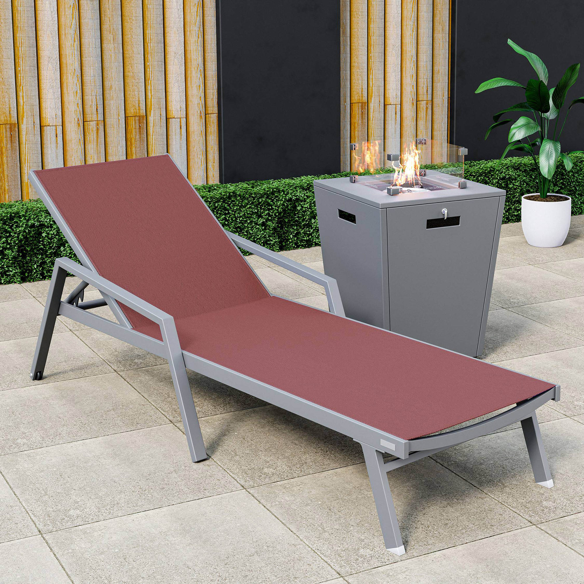 LeisureMod Marlin Modern Gray Aluminum Outdoor Chaise Lounge Chair With Arms and Square Fire Pit Side Table for Patio - Burgundy