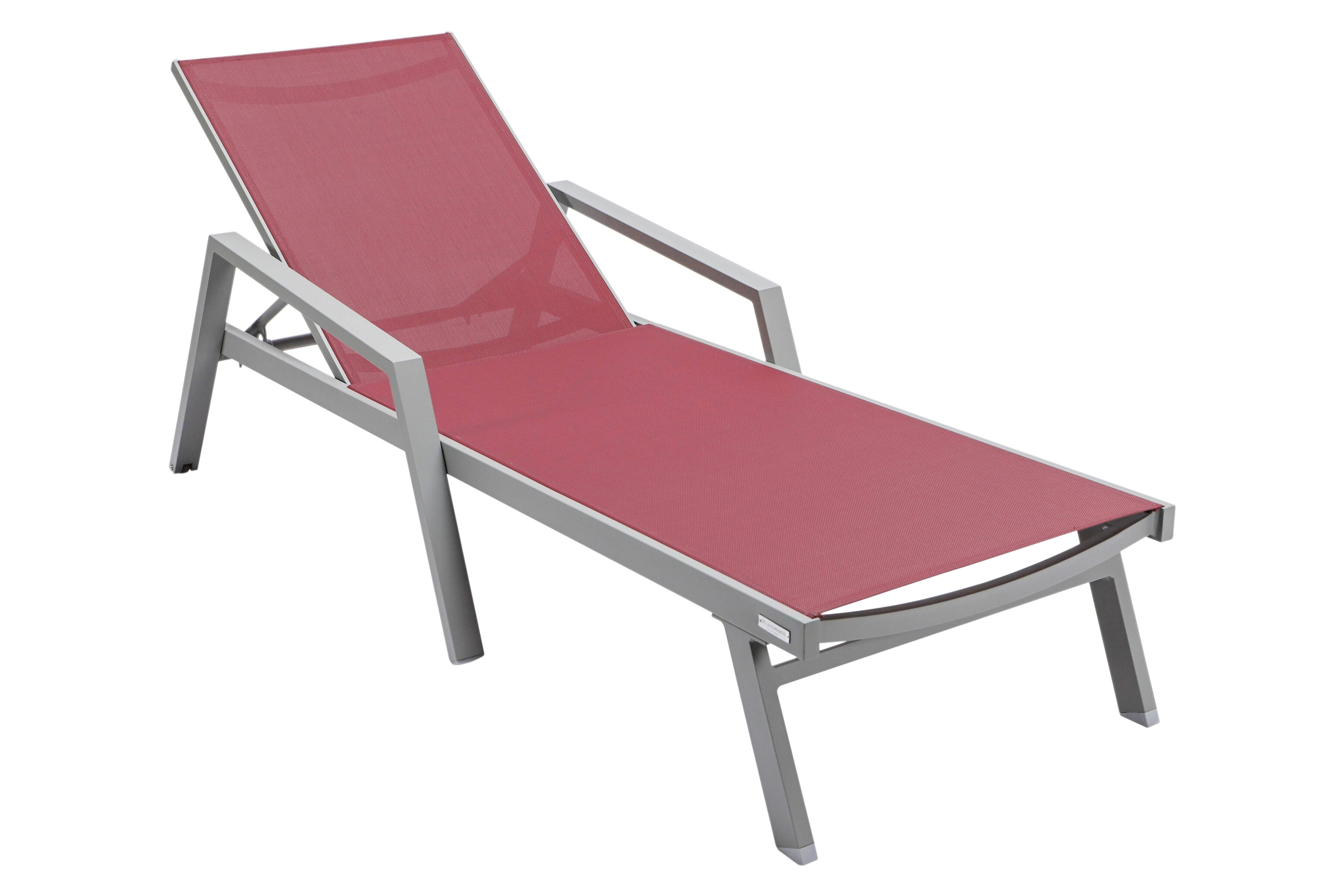 LeisureMod Marlin Modern Gray Aluminum Outdoor Chaise Lounge Chair With Arms and Square Fire Pit Side Table for Patio - Burgundy