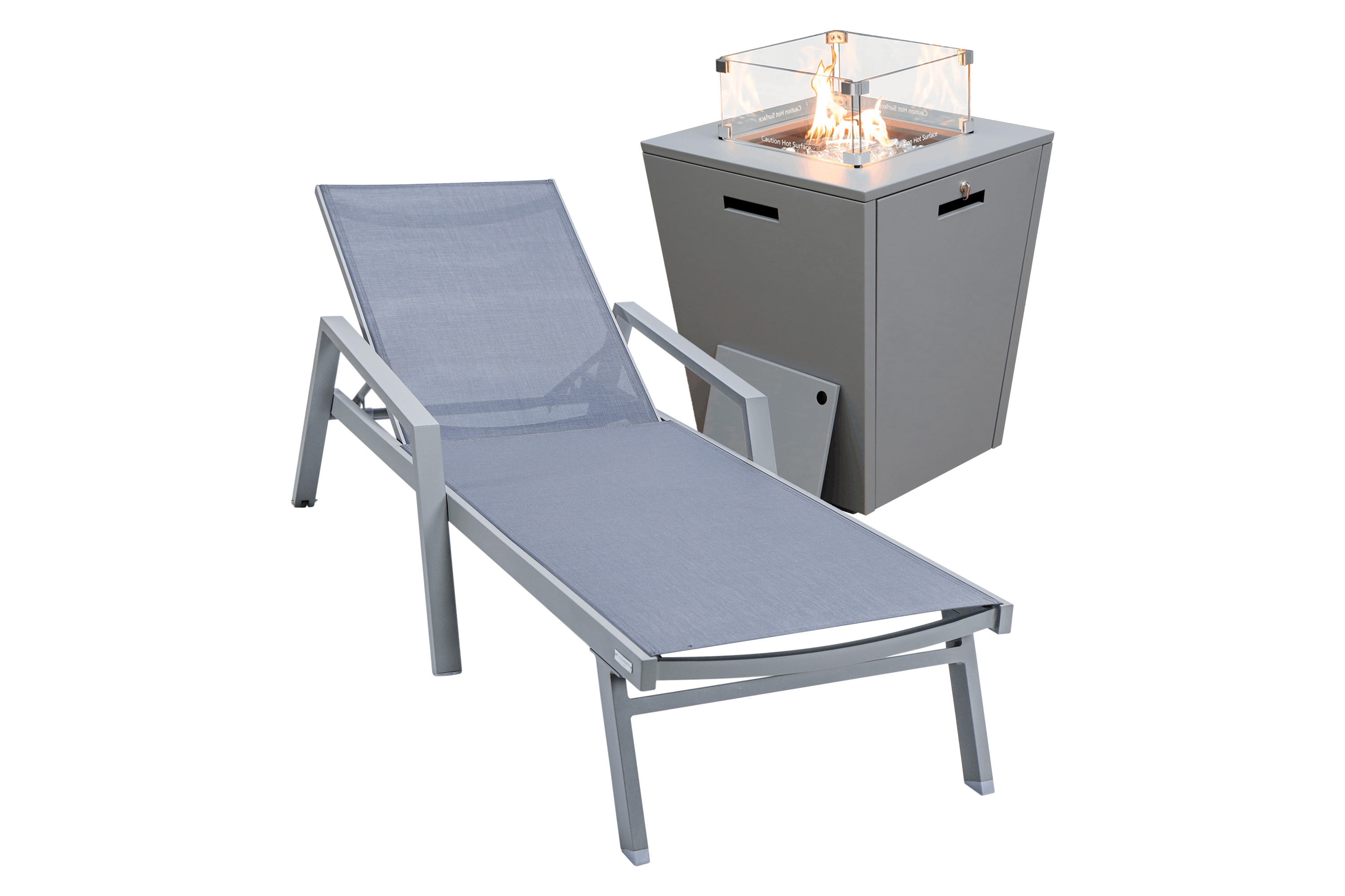 LeisureMod Marlin Modern Black Aluminum Outdoor Chaise Lounge Chair With Arms and Square Fire Pit Side Table for Patio