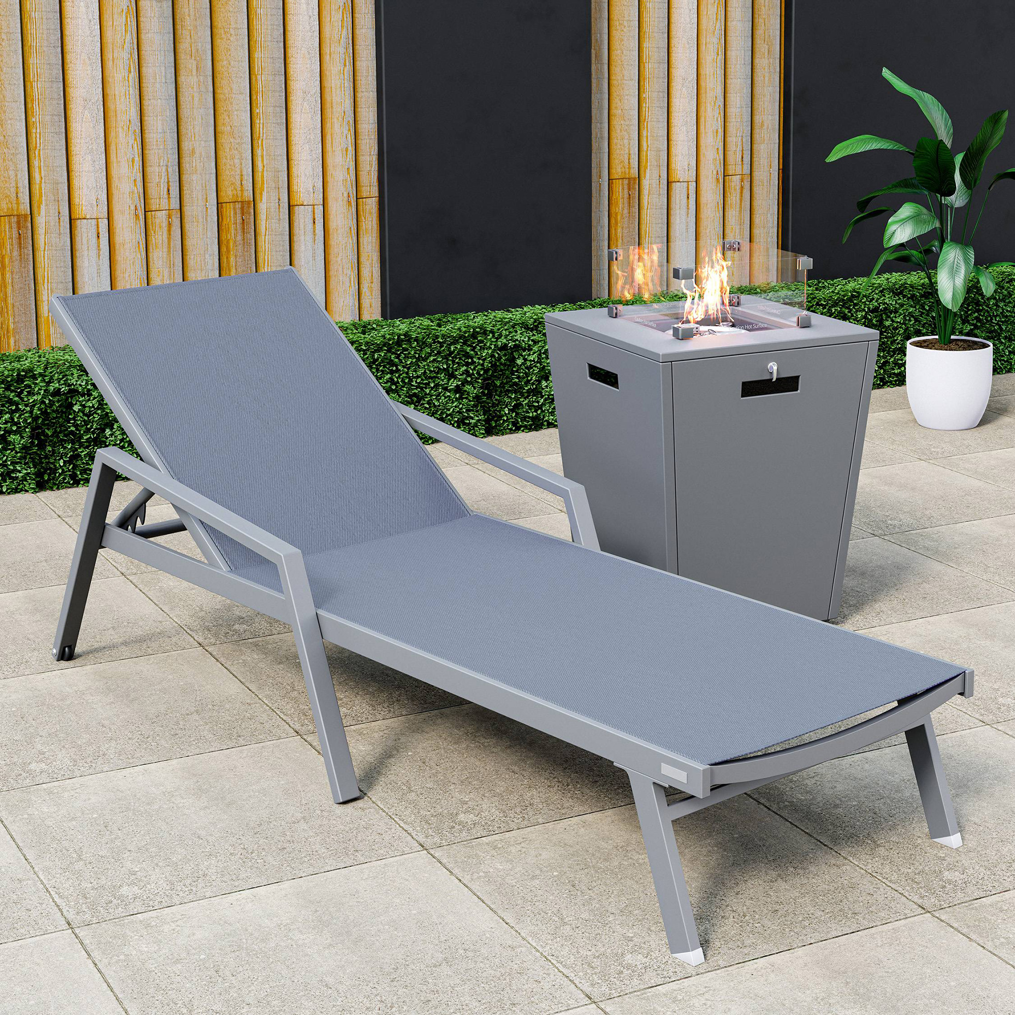 LeisureMod Marlin Modern Gray Aluminum Outdoor Chaise Lounge Chair With Arms and Square Fire Pit Side Table for Patio - Dark Gray