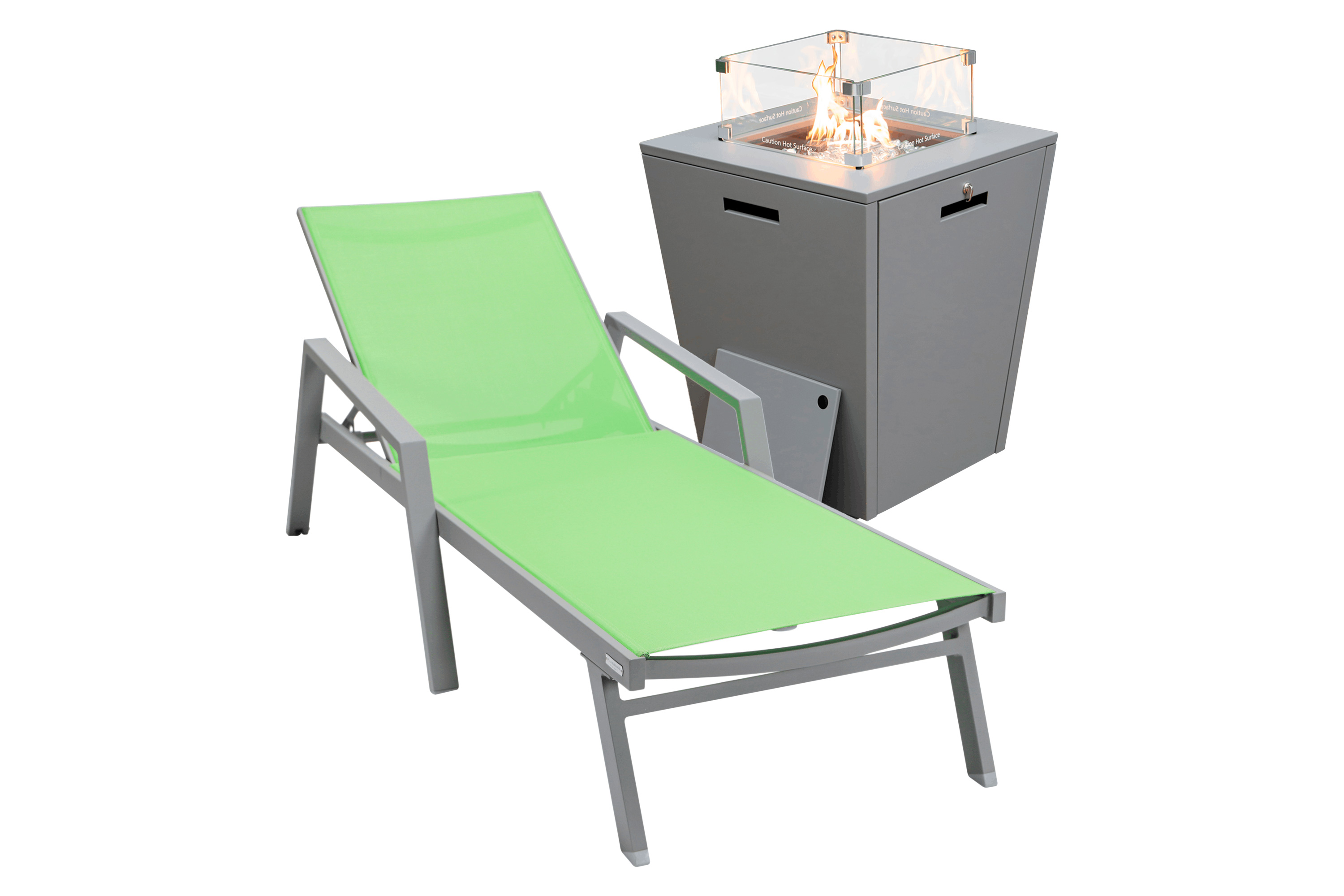 LeisureMod Marlin Modern Black Aluminum Outdoor Chaise Lounge Chair With Arms and Square Fire Pit Side Table for Patio