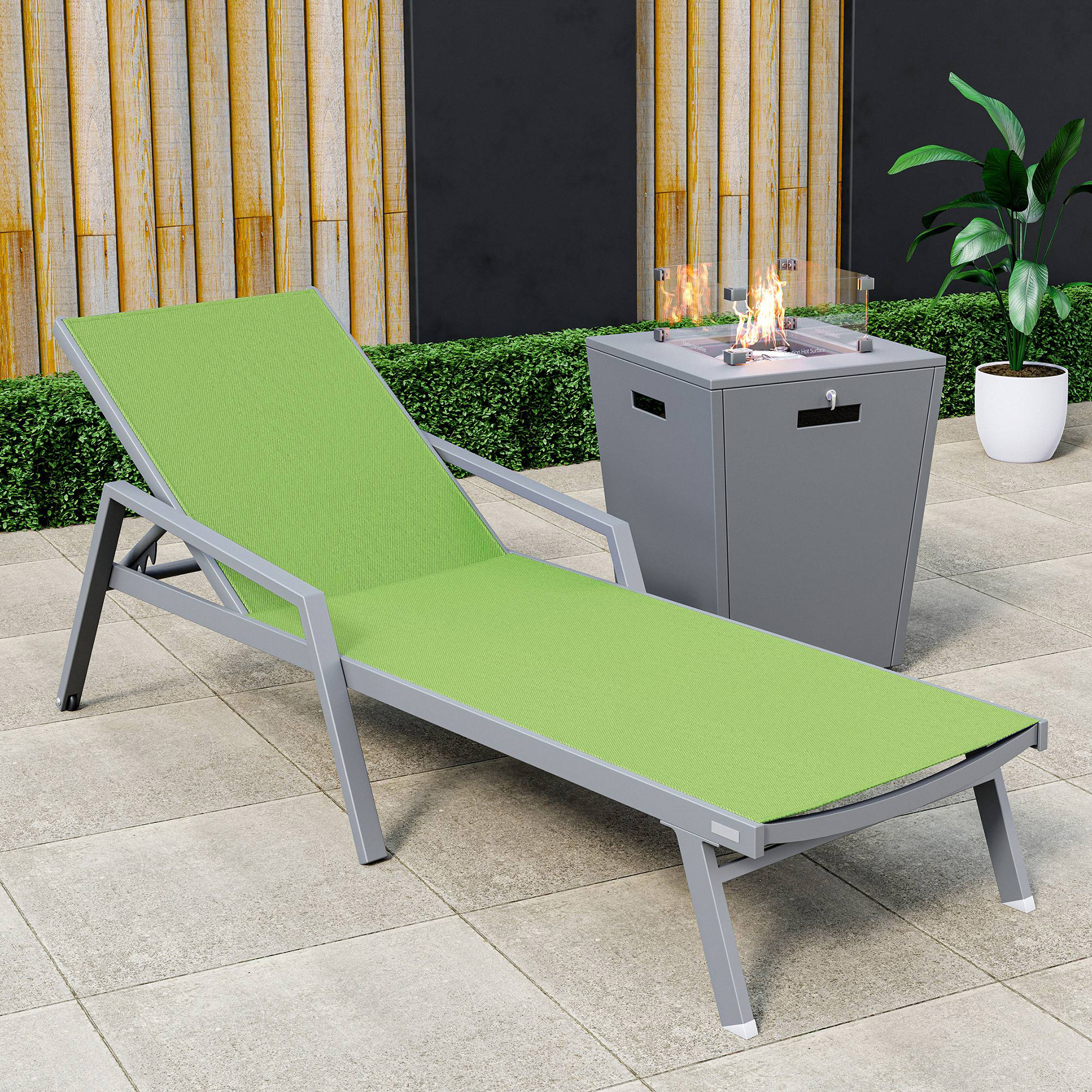 LeisureMod Marlin Modern Gray Aluminum Outdoor Chaise Lounge Chair With Arms and Square Fire Pit Side Table for Patio - Green