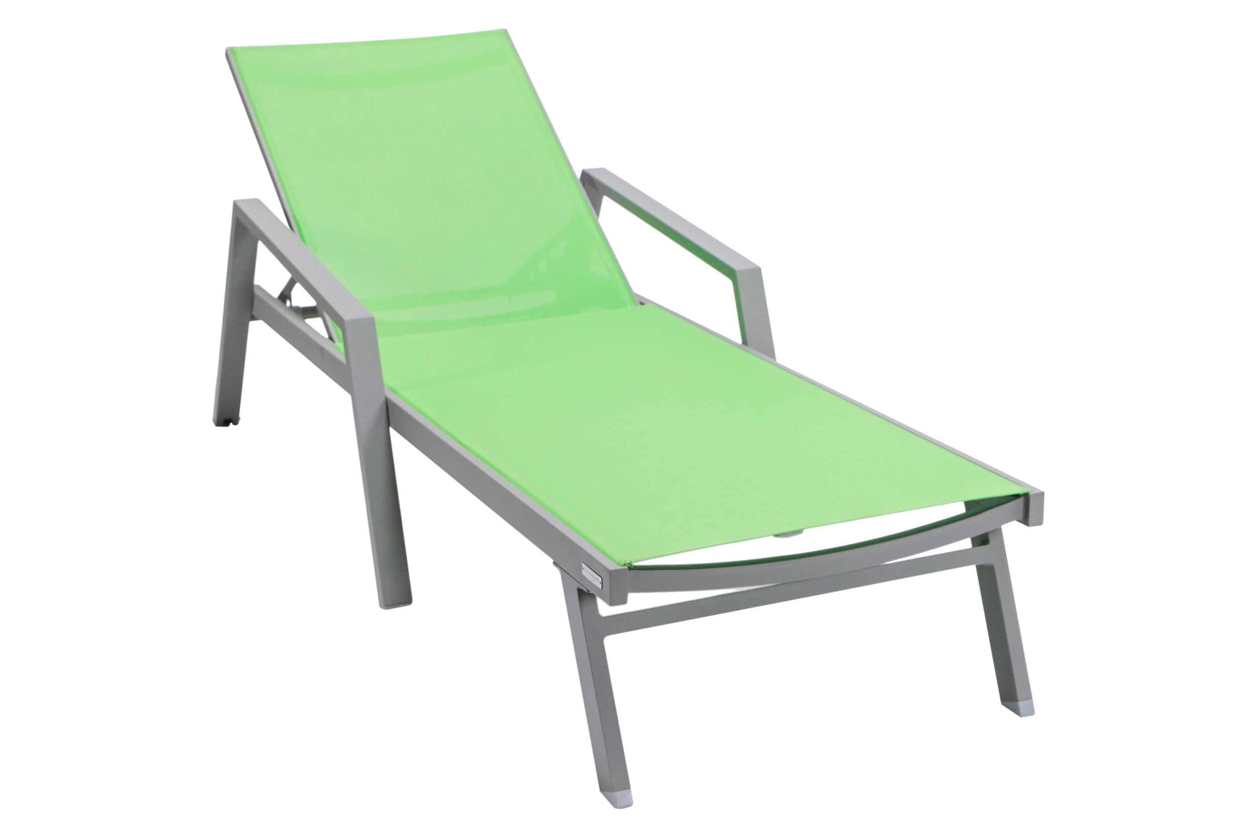 LeisureMod Marlin Modern Gray Aluminum Outdoor Chaise Lounge Chair With Arms and Square Fire Pit Side Table for Patio - Green