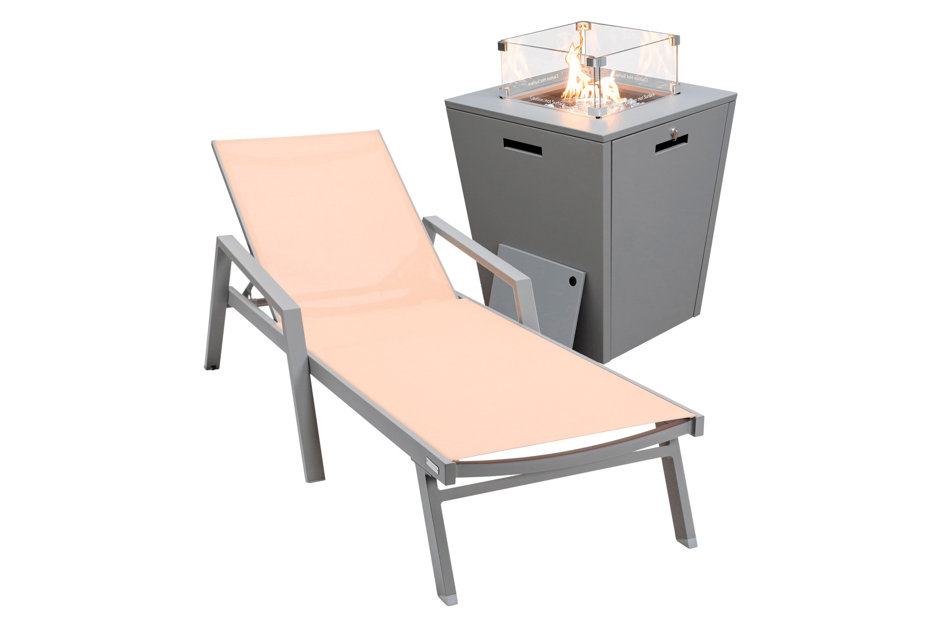 LeisureMod Marlin Modern Black Aluminum Outdoor Chaise Lounge Chair With Arms and Square Fire Pit Side Table for Patio