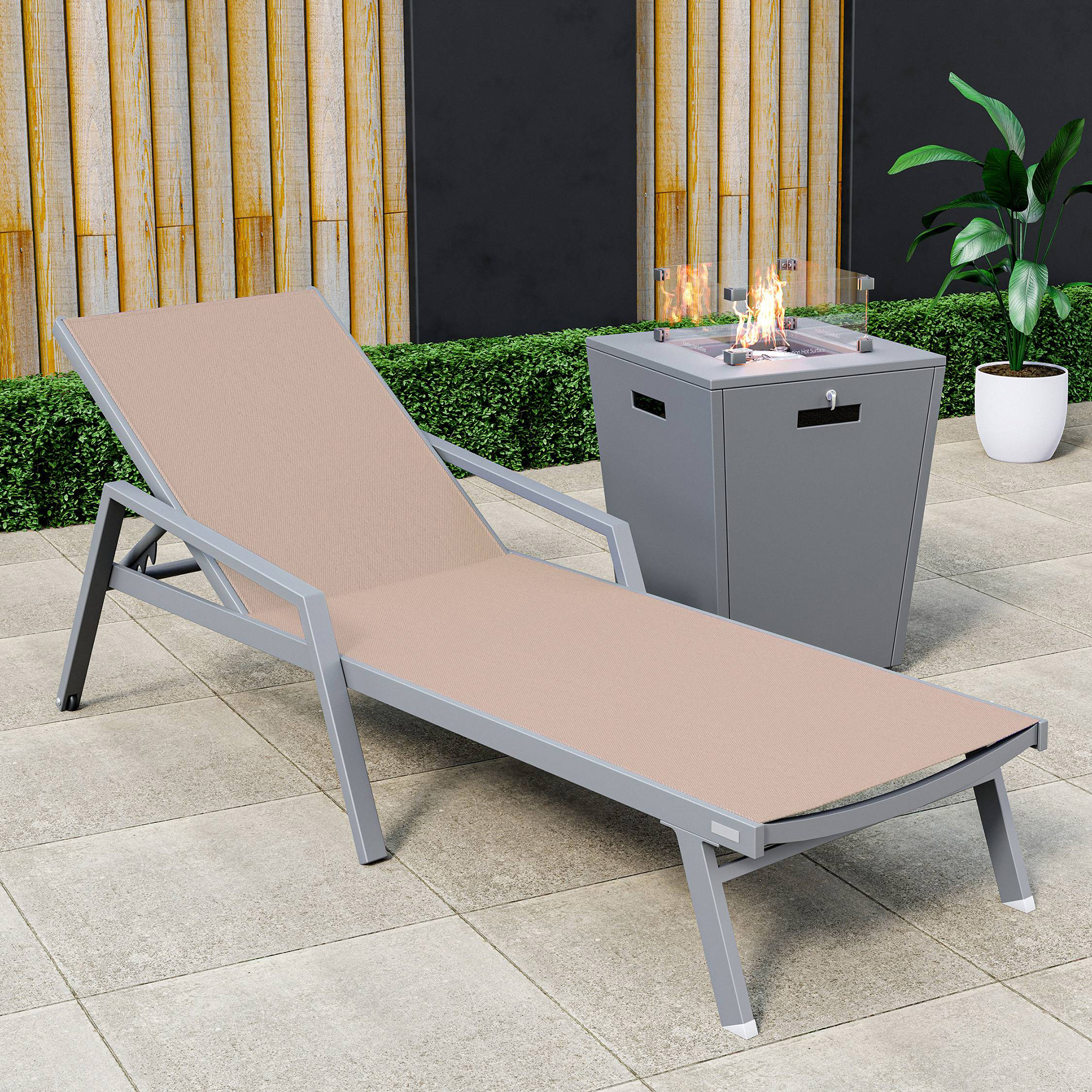 LeisureMod Marlin Modern Gray Aluminum Outdoor Chaise Lounge Chair With Arms and Square Fire Pit Side Table for Patio - Light Brown