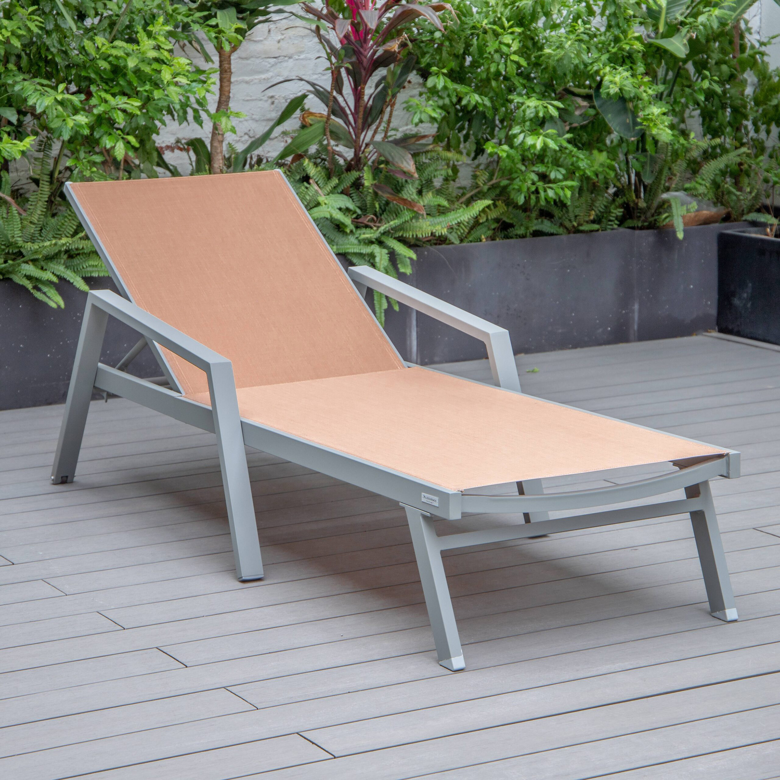 LeisureMod Marlin Modern Gray Aluminum Outdoor Chaise Lounge Chair With Arms and Square Fire Pit Side Table for Patio - Light Brown