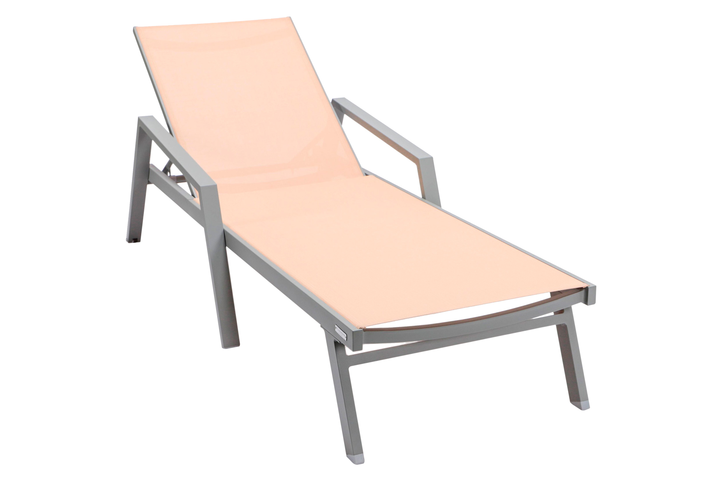 LeisureMod Marlin Modern Gray Aluminum Outdoor Chaise Lounge Chair With Arms and Square Fire Pit Side Table for Patio - Light Brown