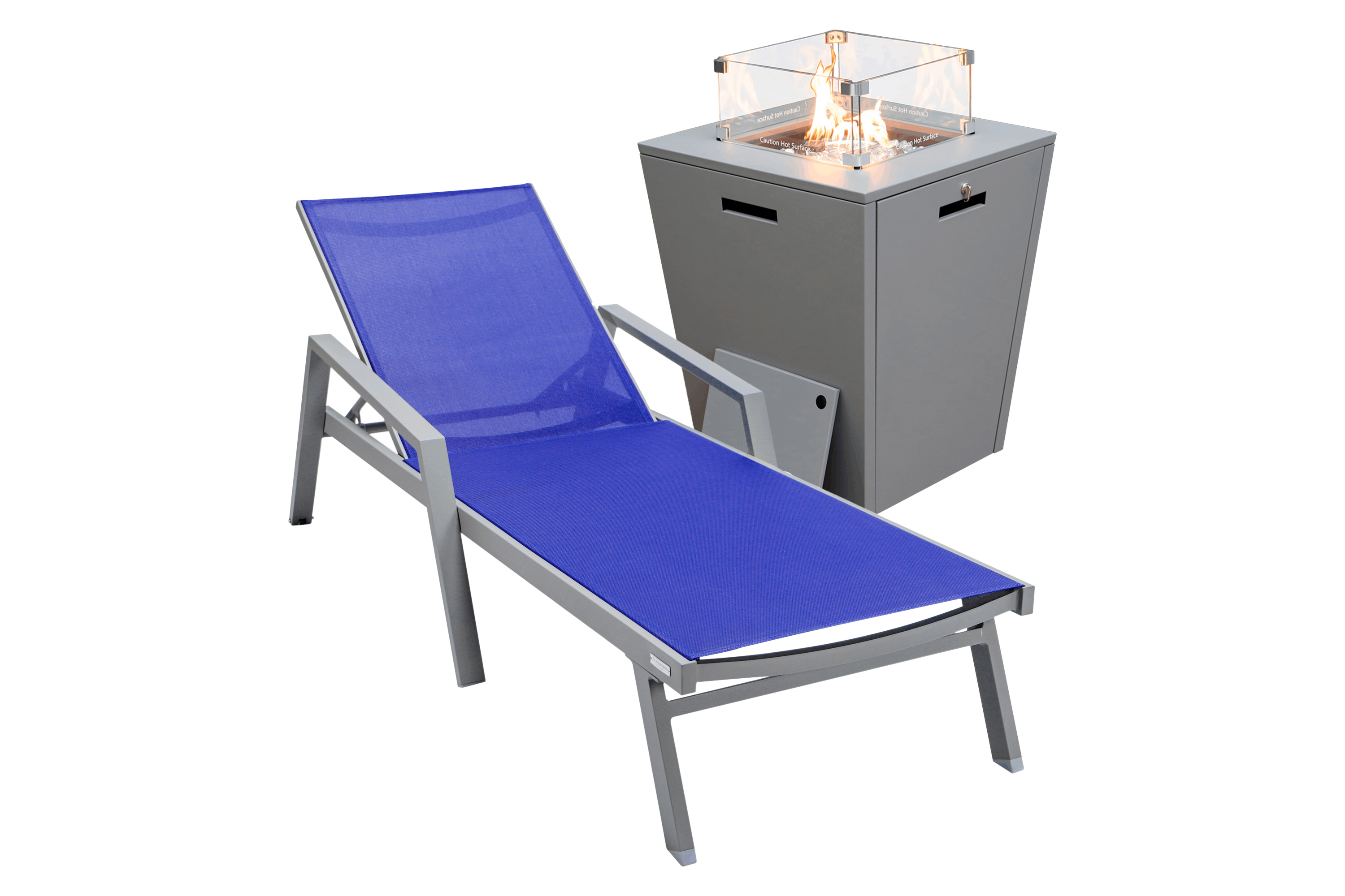 LeisureMod Marlin Modern Black Aluminum Outdoor Chaise Lounge Chair With Arms and Square Fire Pit Side Table for Patio