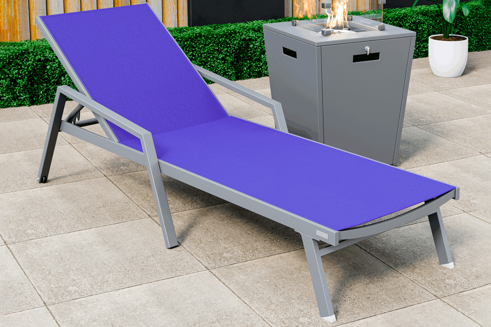 LeisureMod Marlin Modern Gray Aluminum Outdoor Chaise Lounge Chair With Arms and Square Fire Pit Side Table for Patio - Navy Blue