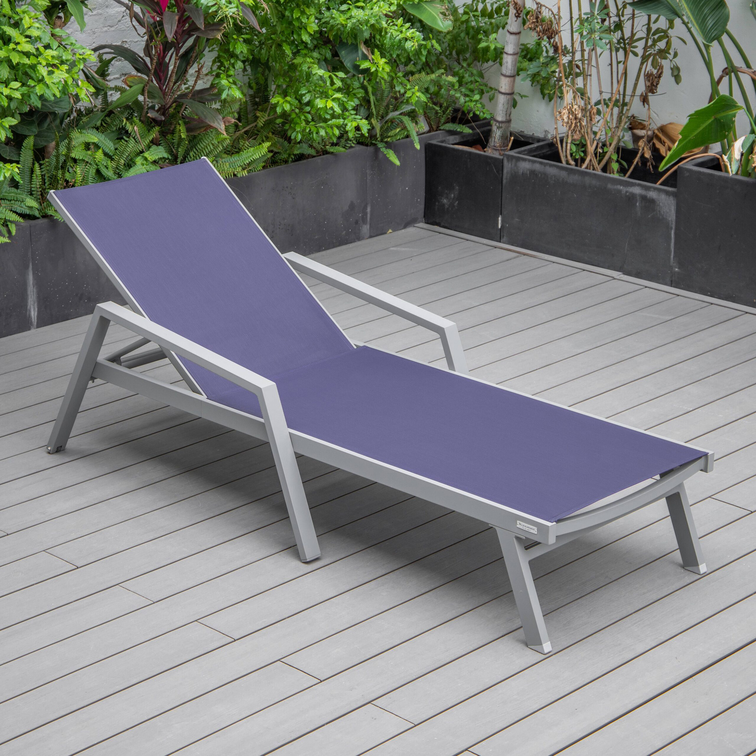 LeisureMod Marlin Modern Gray Aluminum Outdoor Chaise Lounge Chair With Arms and Square Fire Pit Side Table for Patio - Navy Blue