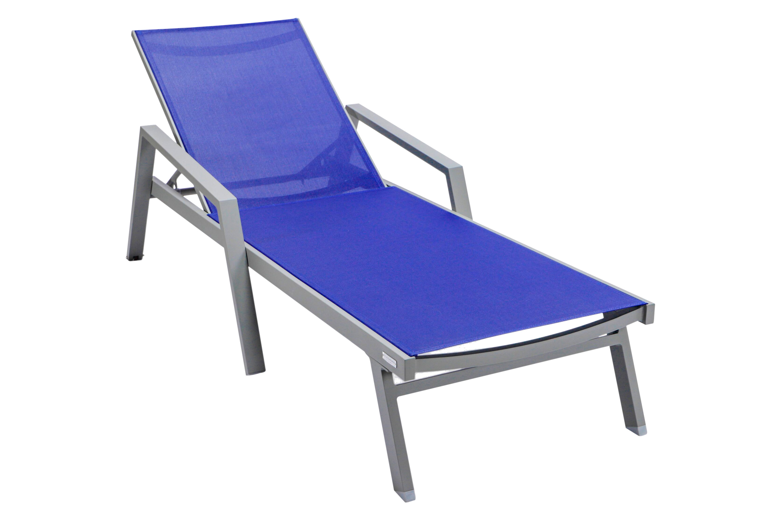 LeisureMod Marlin Modern Gray Aluminum Outdoor Chaise Lounge Chair With Arms and Square Fire Pit Side Table for Patio - Navy Blue