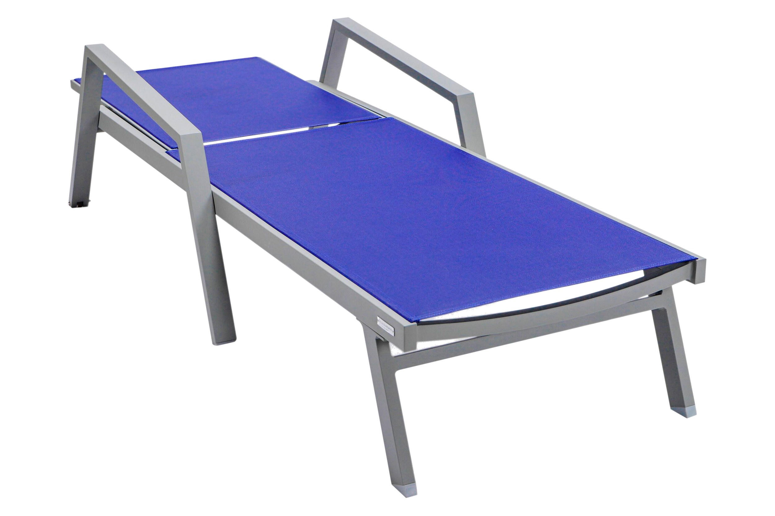 LeisureMod Marlin Modern Gray Aluminum Outdoor Chaise Lounge Chair With Arms and Square Fire Pit Side Table for Patio - Navy Blue