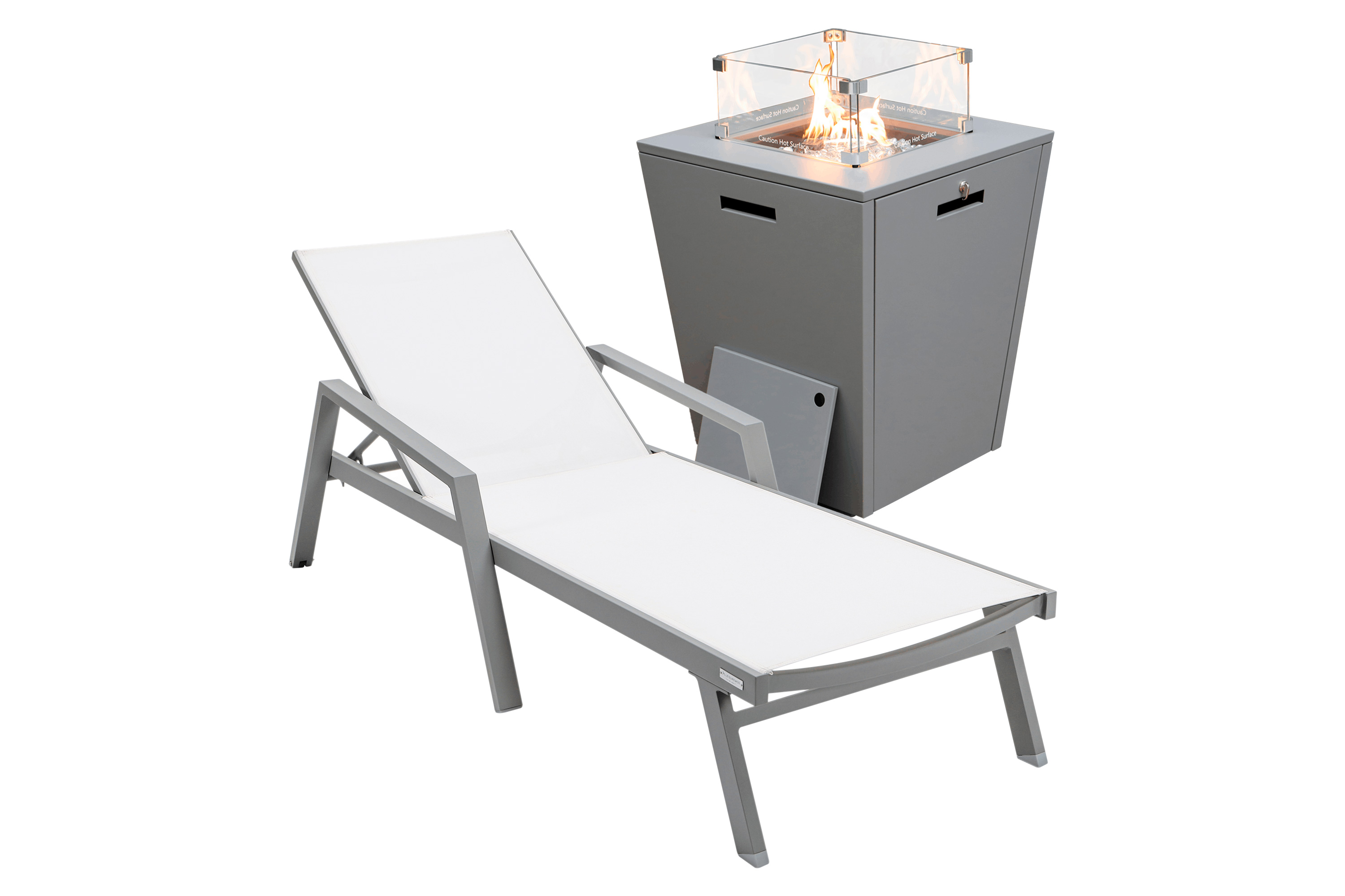 LeisureMod Marlin Modern Black Aluminum Outdoor Chaise Lounge Chair With Arms and Square Fire Pit Side Table for Patio