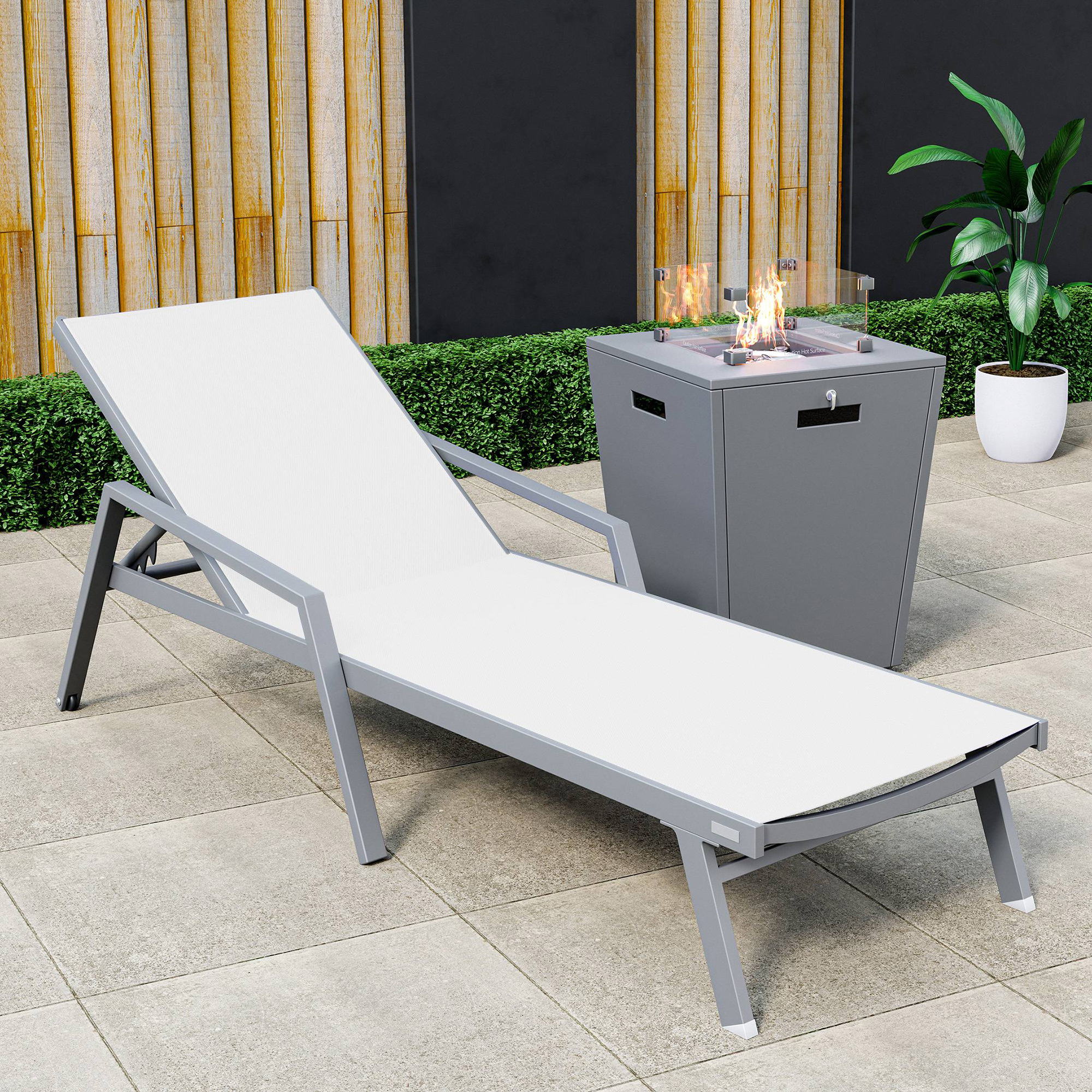 LeisureMod Marlin Modern Gray Aluminum Outdoor Chaise Lounge Chair With Arms and Square Fire Pit Side Table for Patio - White