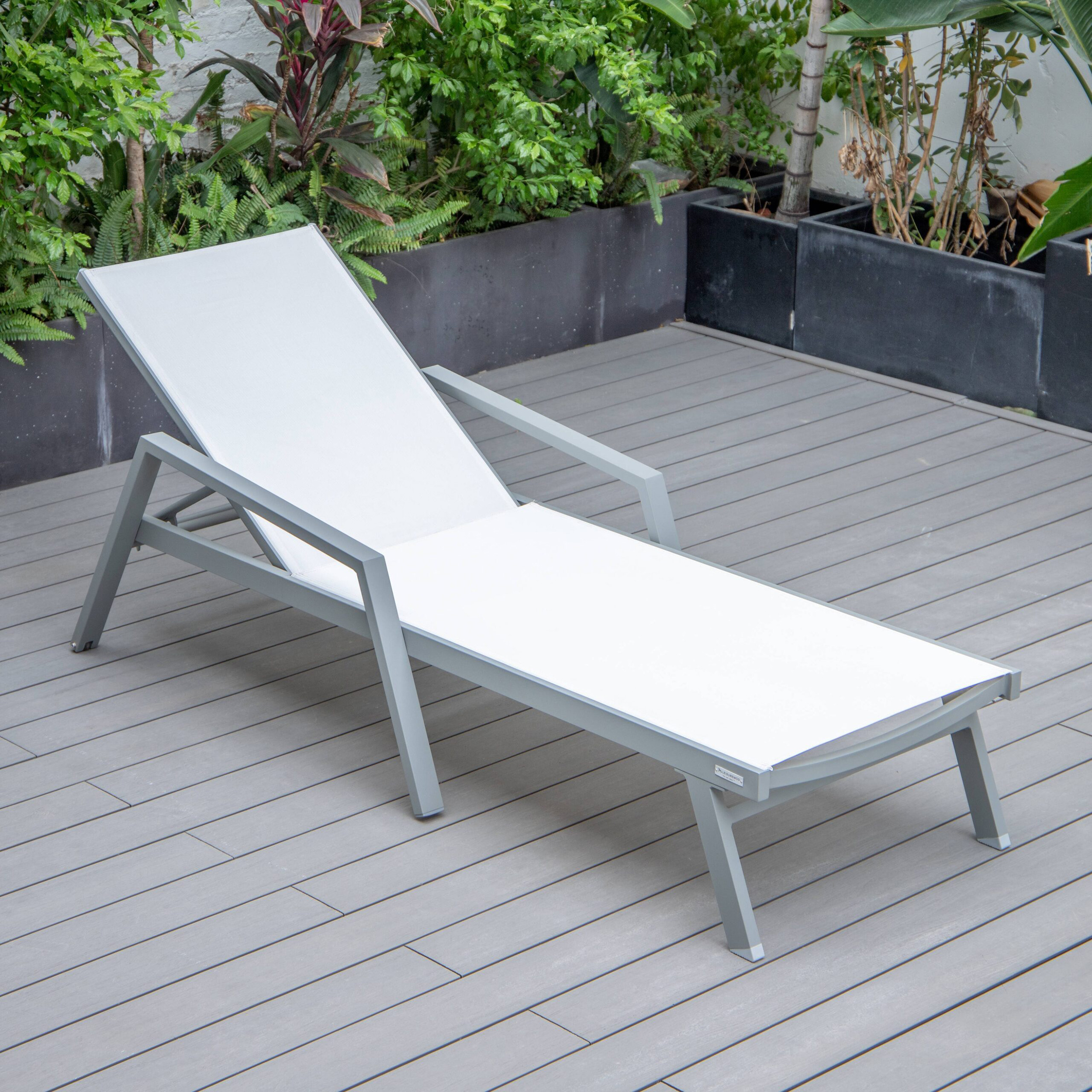 LeisureMod Marlin Modern Gray Aluminum Outdoor Chaise Lounge Chair With Arms and Square Fire Pit Side Table for Patio - White