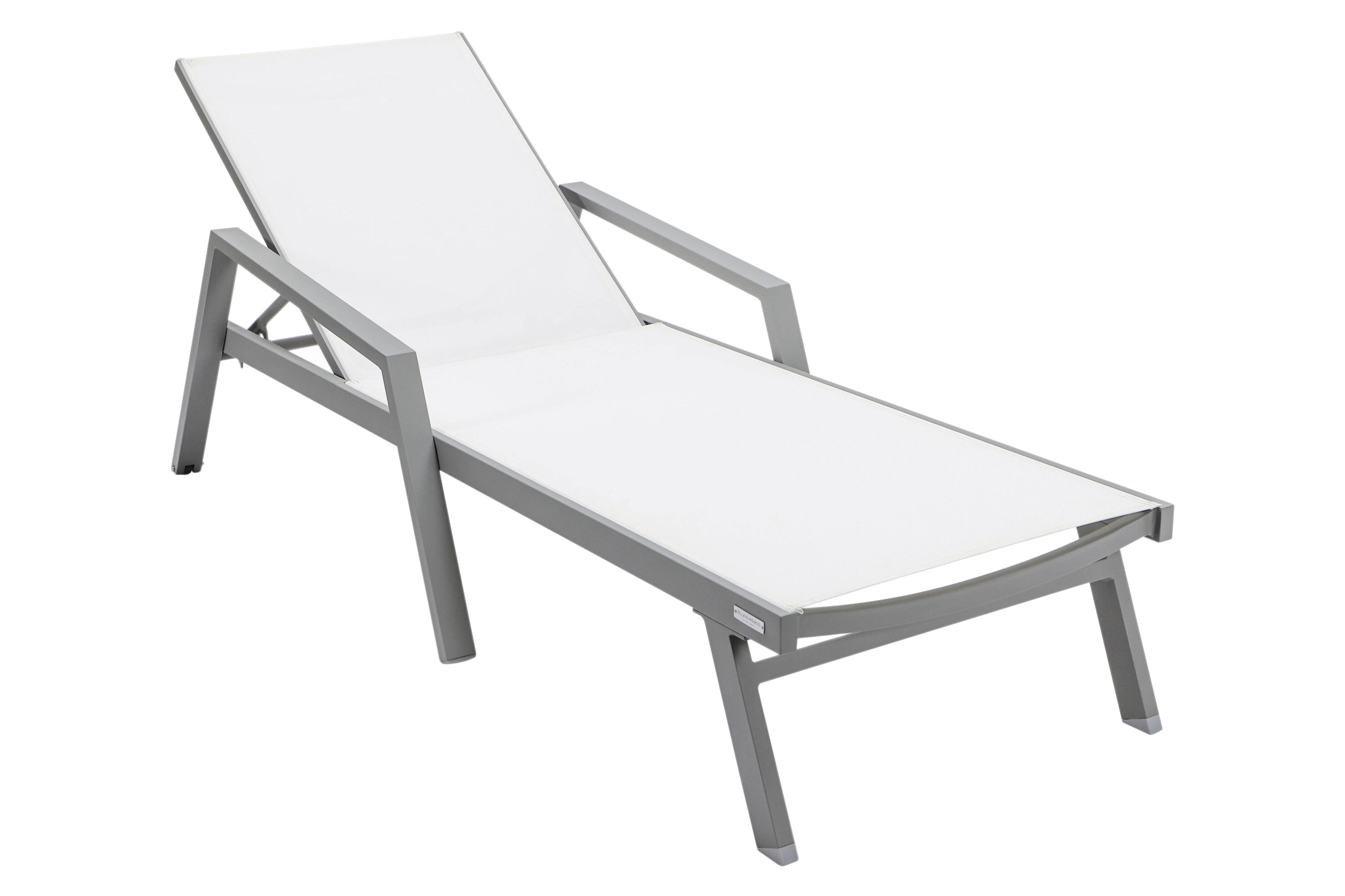 LeisureMod Marlin Modern Gray Aluminum Outdoor Chaise Lounge Chair With Arms and Square Fire Pit Side Table for Patio - White