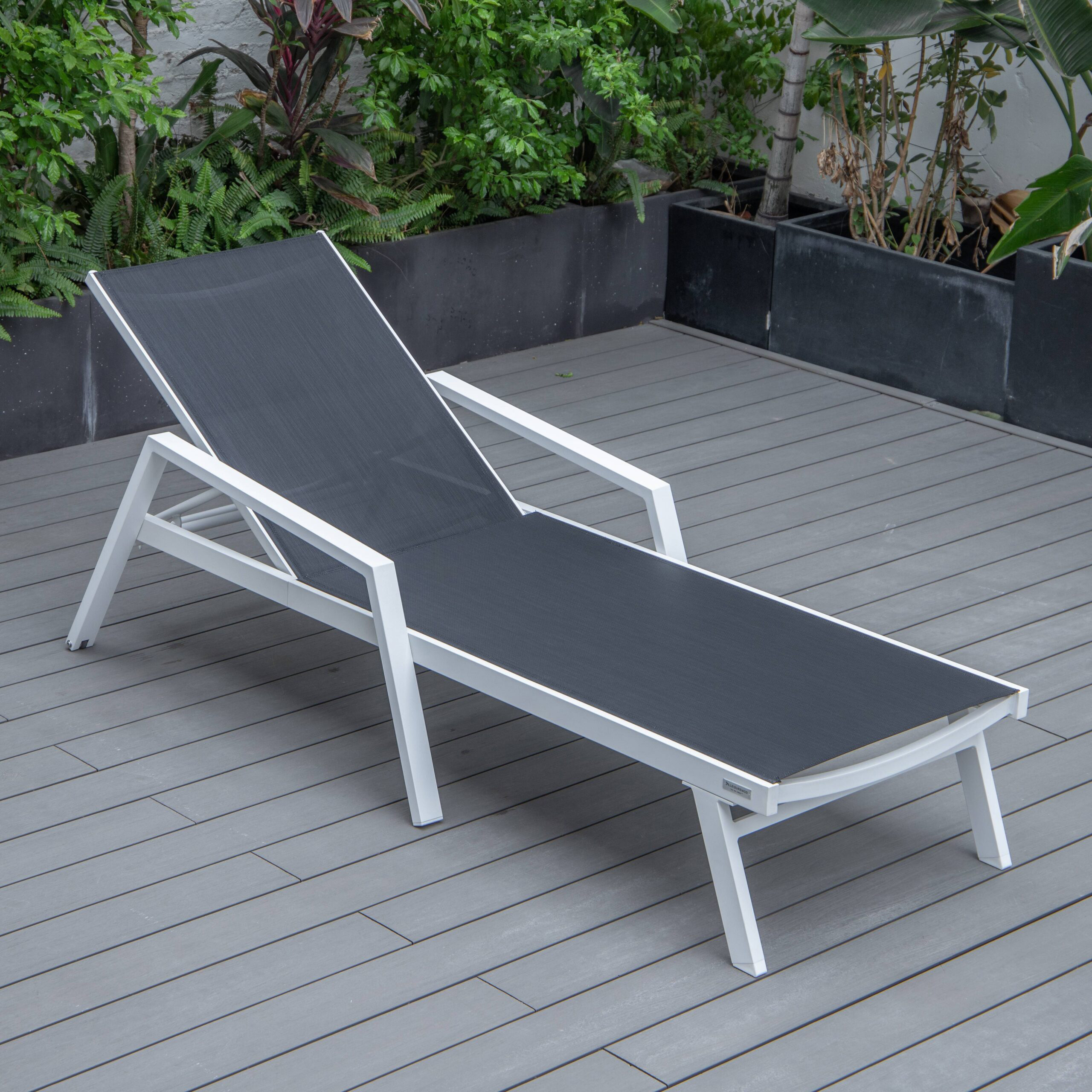 LeisureMod Marlin Patio Chaise Lounge Chair With Armrests In White Aluminum Frame - Black