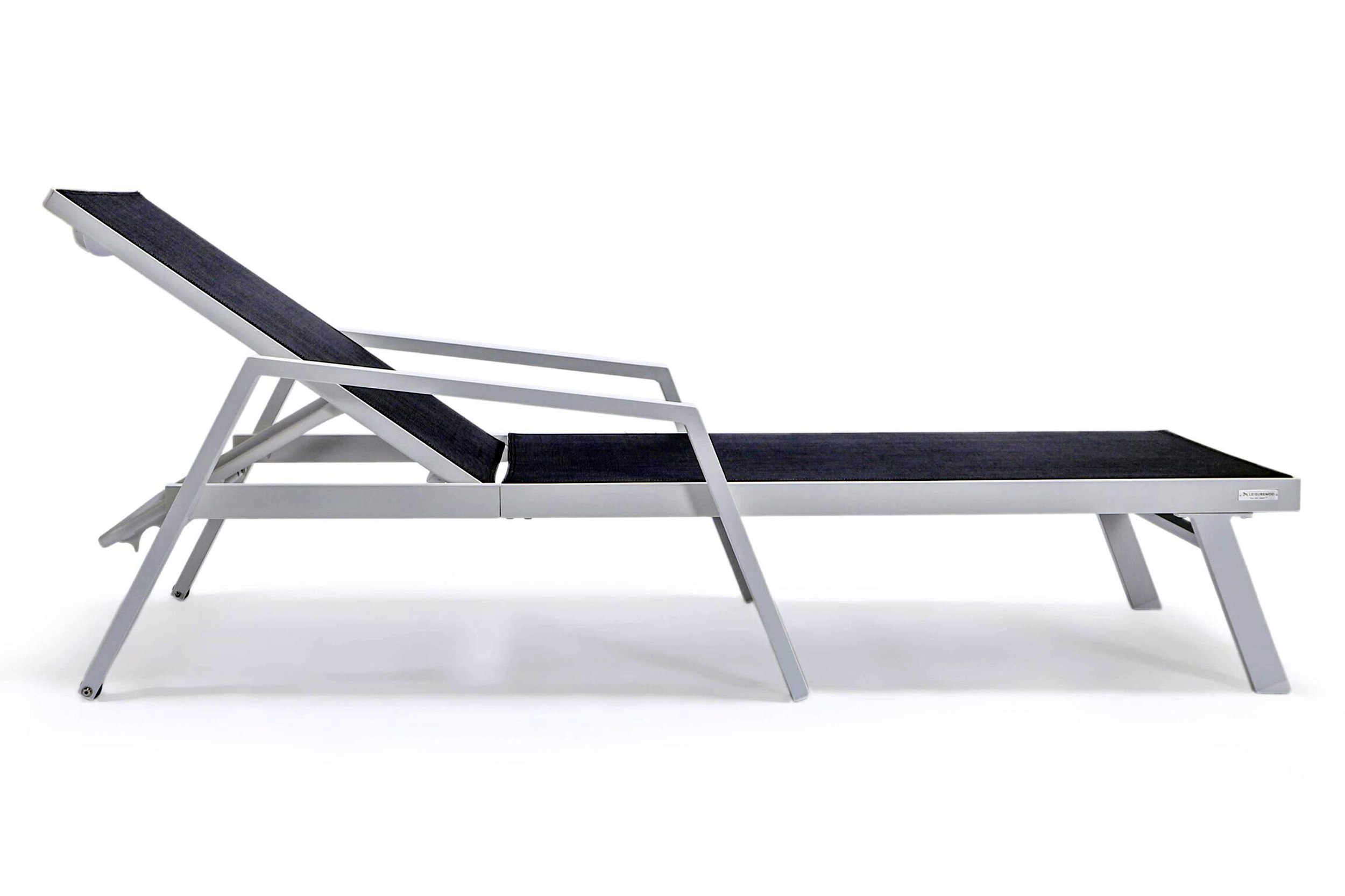 LeisureMod Marlin Patio Chaise Lounge Chair With Armrests In White Aluminum Frame - Black