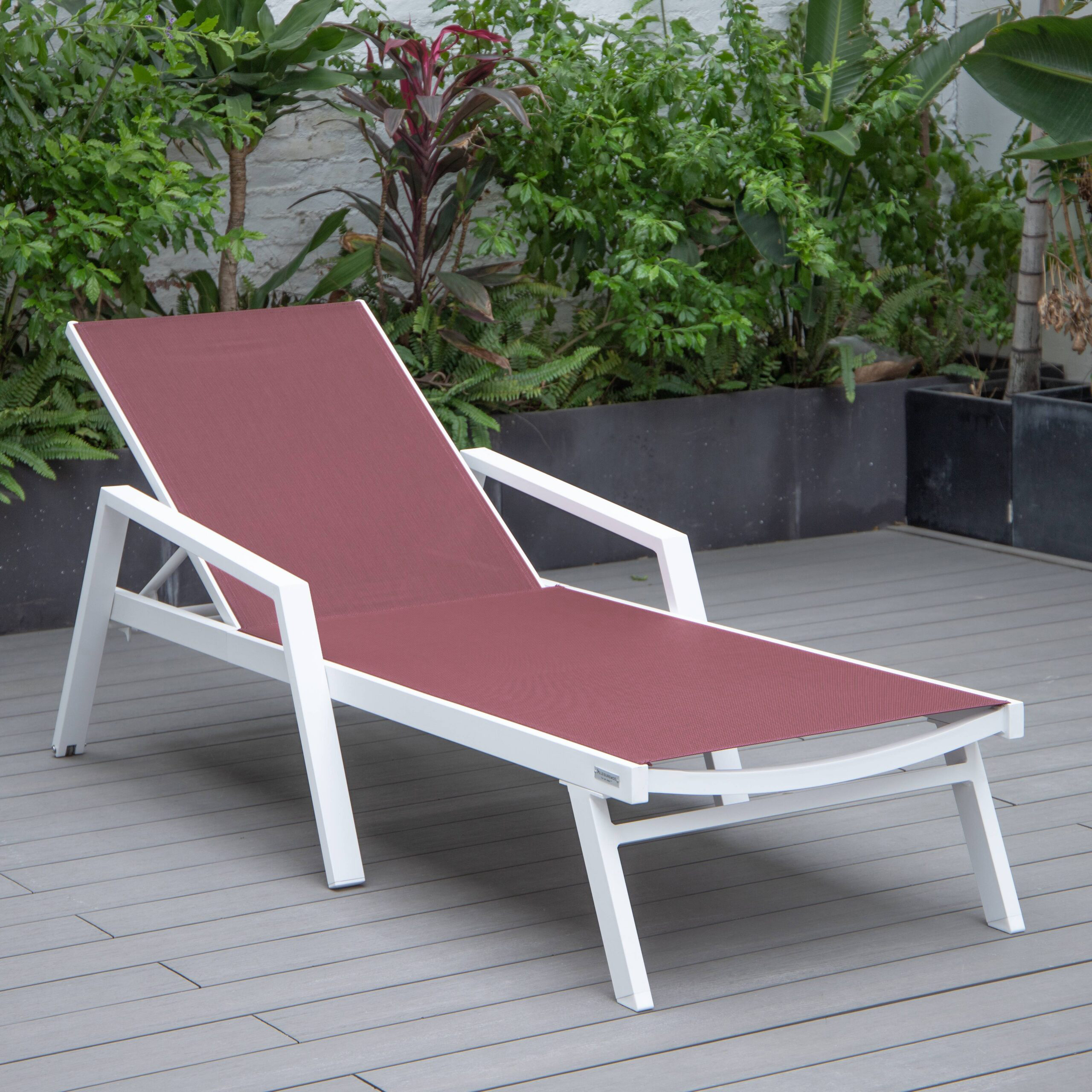 LeisureMod Marlin Patio Chaise Lounge Chair With Armrests In White Aluminum Frame - Burgundy