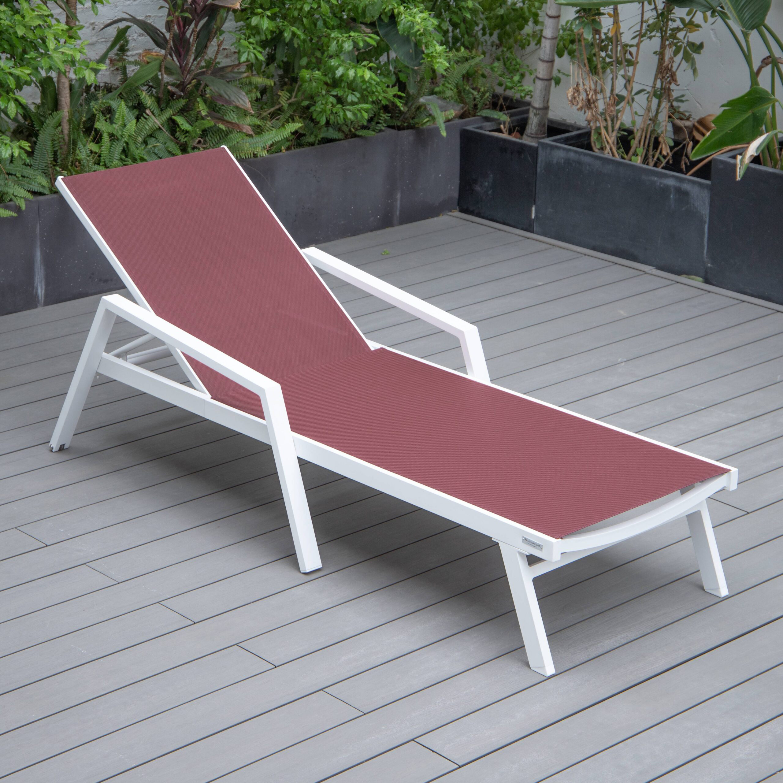 LeisureMod Marlin Patio Chaise Lounge Chair With Armrests In White Aluminum Frame - Burgundy