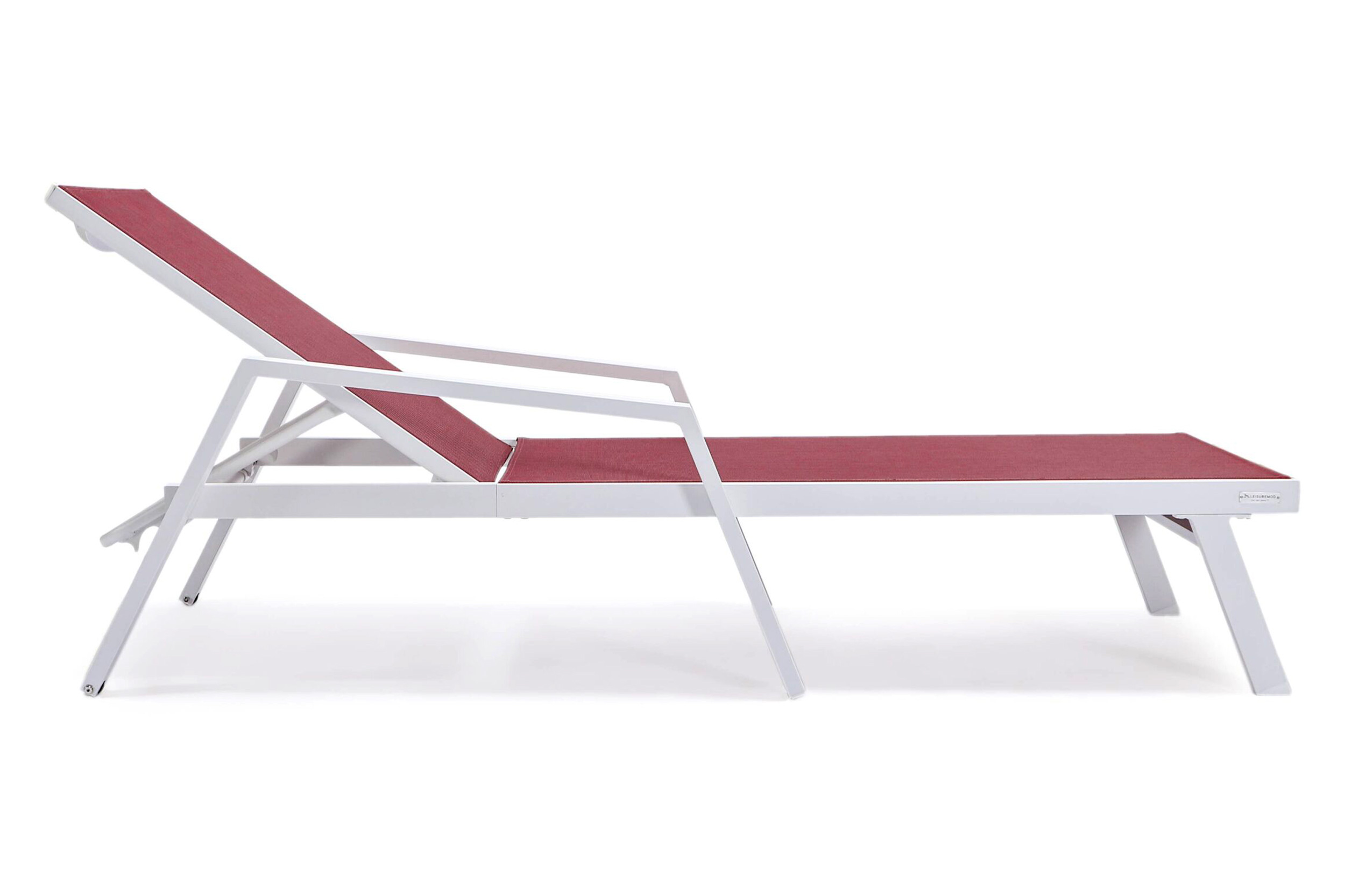 LeisureMod Marlin Patio Chaise Lounge Chair With Armrests In White Aluminum Frame - Burgundy