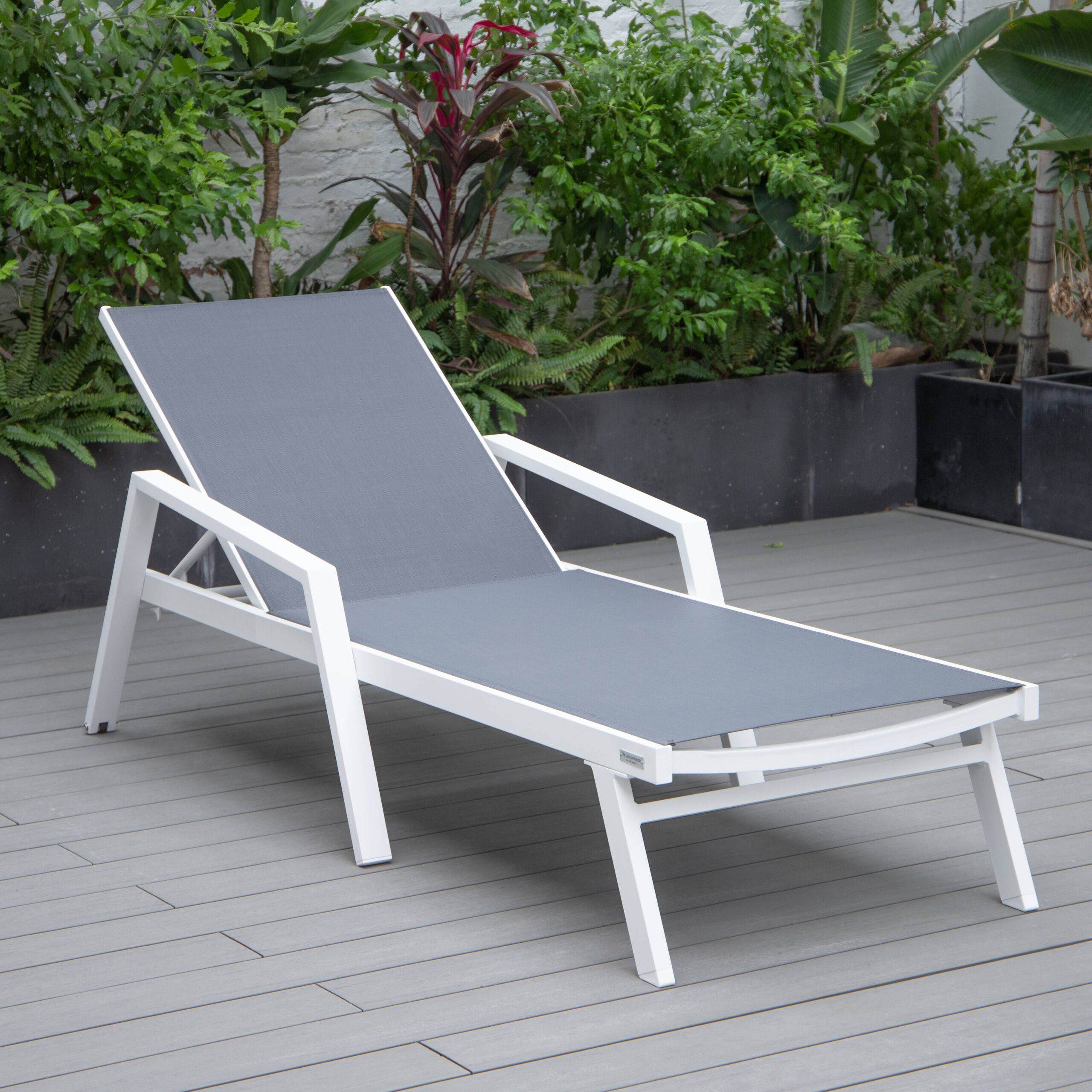 LeisureMod Marlin Patio Chaise Lounge Chair With Armrests In Black Aluminum Frame