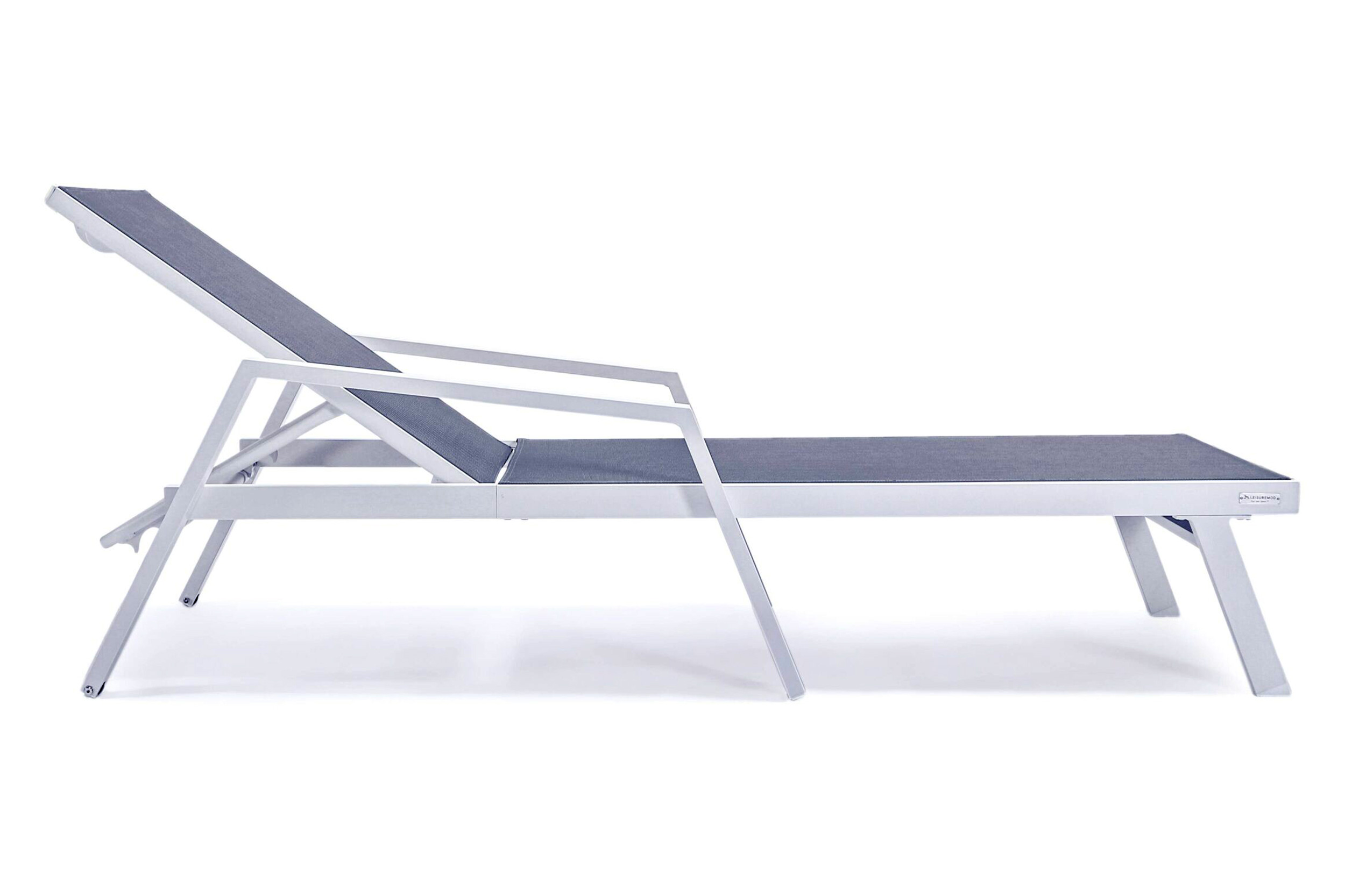 LeisureMod Marlin Patio Chaise Lounge Chair With Armrests In White Aluminum Frame - Dark Gray