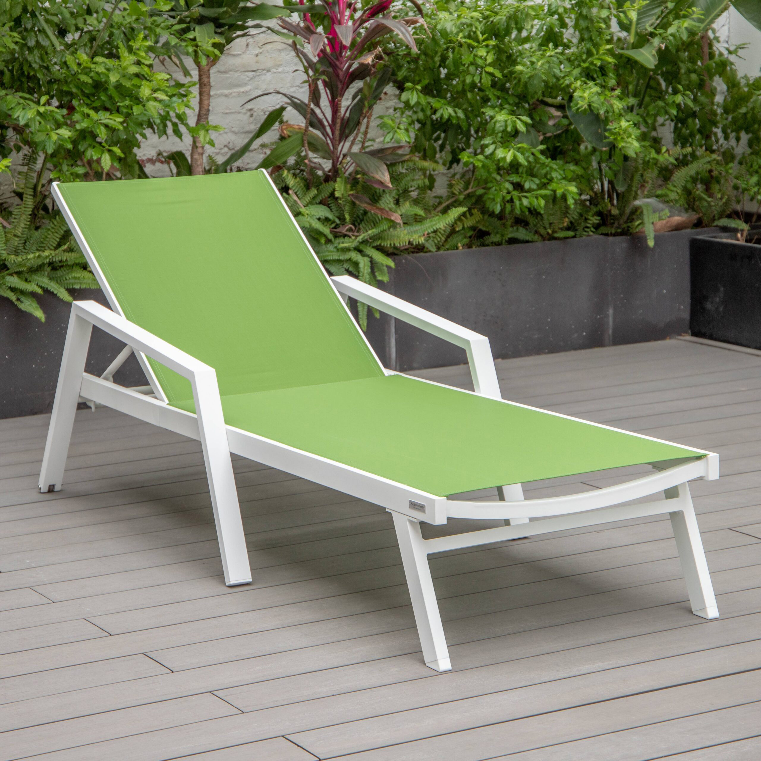 LeisureMod Marlin Patio Chaise Lounge Chair With Armrests In White Aluminum Frame - Green