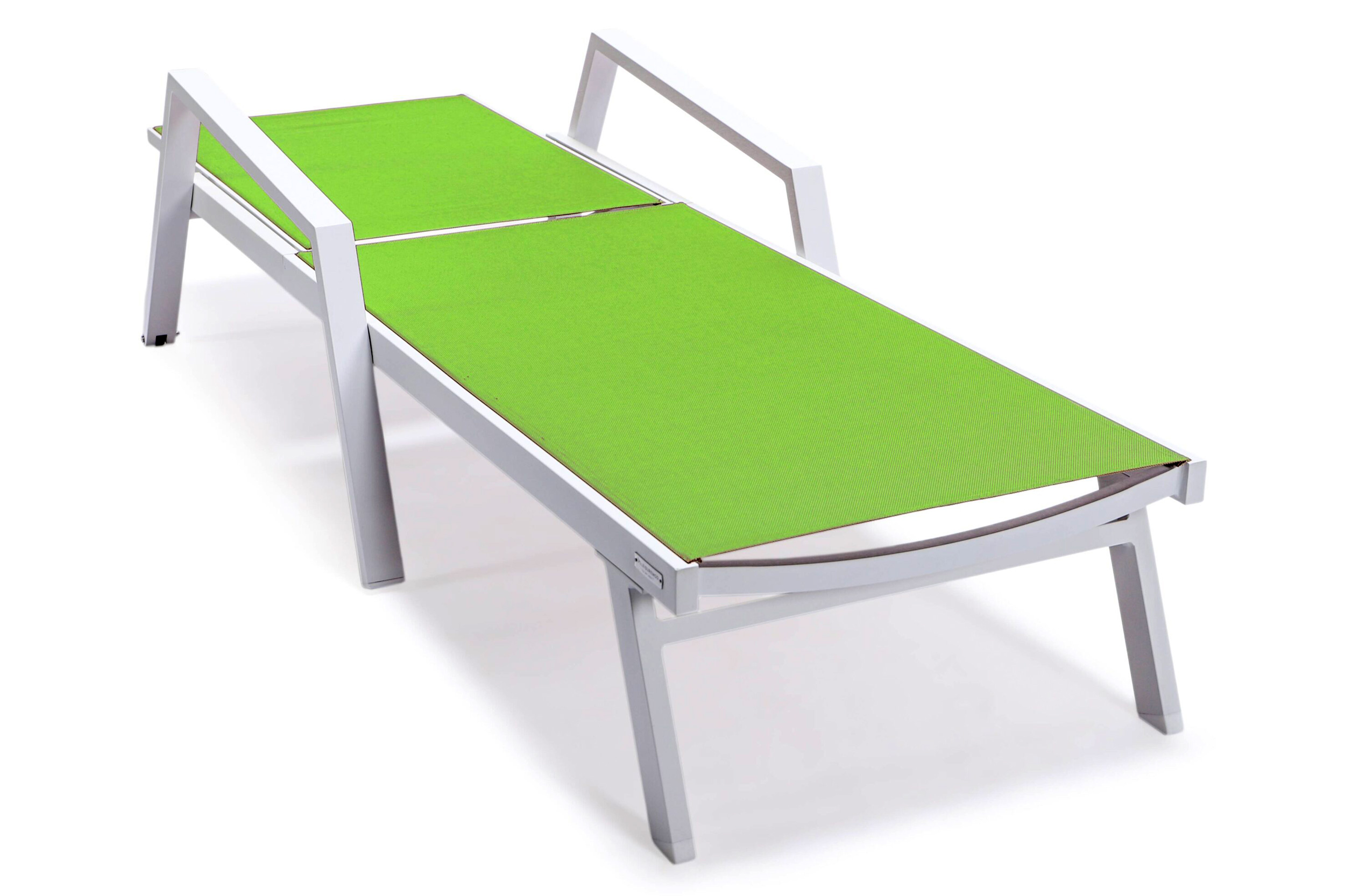 LeisureMod Marlin Patio Chaise Lounge Chair With Armrests In White Aluminum Frame - Green