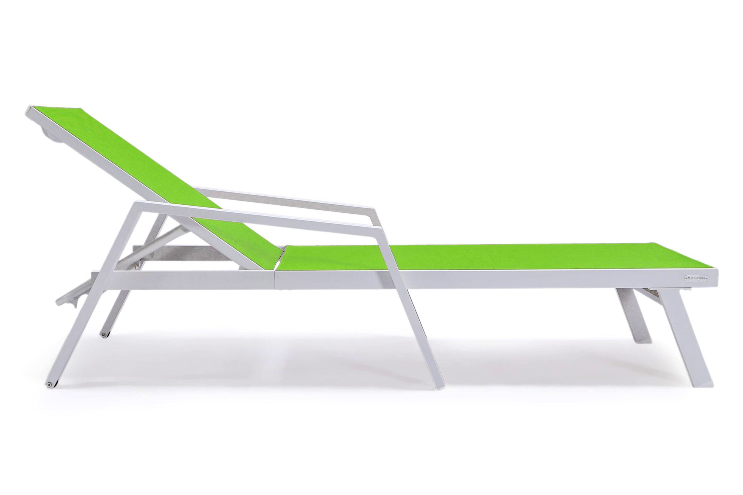 LeisureMod Marlin Patio Chaise Lounge Chair With Armrests In White Aluminum Frame - Green