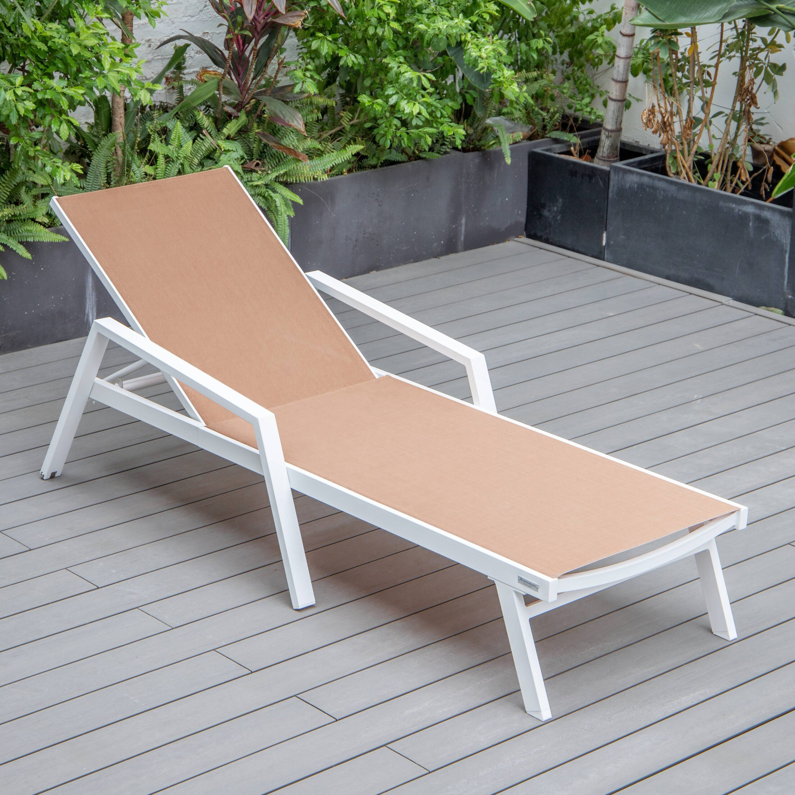 LeisureMod Marlin Patio Chaise Lounge Chair With Armrests In White Aluminum Frame - Light Brown