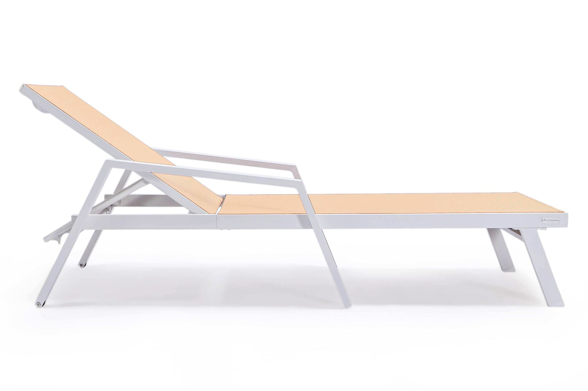 LeisureMod Marlin Patio Chaise Lounge Chair With Armrests In White Aluminum Frame - Light Brown